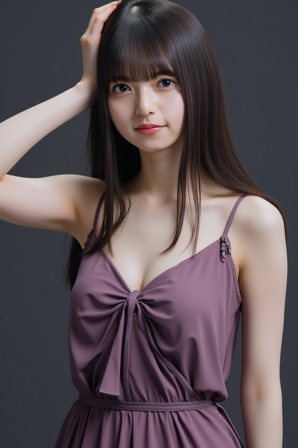 (8k, Raw, Top Quality, Masterpiece: 1.2), (Realistic, Photorealistic: 1.37), Ultra High Resolution, One Girl, Cute, Alone, View Alone, Top Quality, Masterpiece, 8k, droopy eyes, big tits, beautiful breasts, plain background, purple lingerie, purple string panties, smiling, standing, highly detailed face, highly detailed lips, double eyelids, elaborate details and subtle sparkle, shoot her in a pose that reflects both elegance and confidence, enhance the visual effect with cinematic lighting. Use modern 2D design for the background, creating a beautiful, balanced composition. Enhance the scene with elements such as depth of field, bloom effects, and a touch of sparkle, adding a dreamy texture to the overall image. Pay close attention to detail