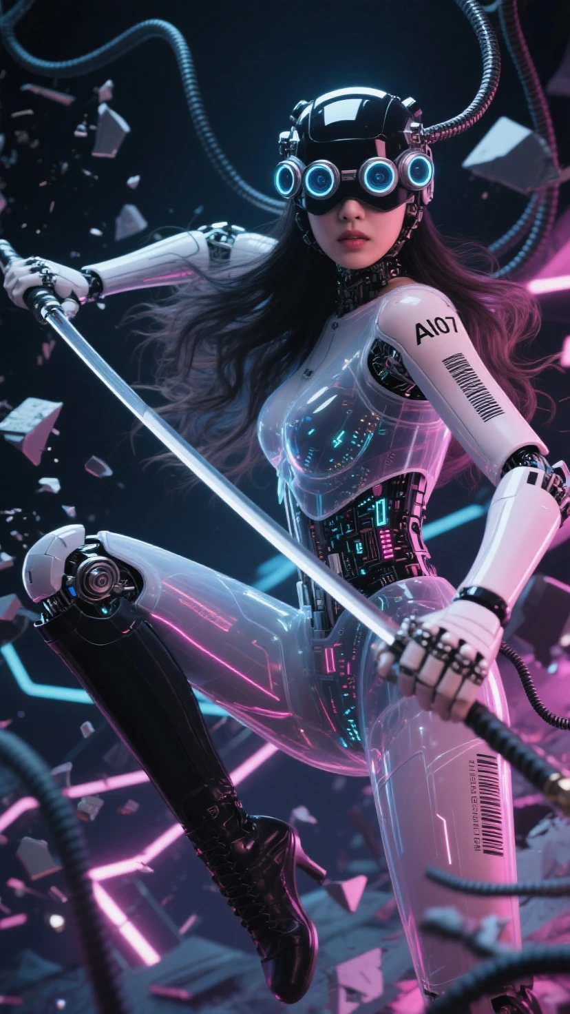 Fraction_9, Fraction_8_more than, Fraction_7_more than. in the bottom frame,time has passed, 
SF Future Mechanic 안드로이드 한국 female, 투명한 몸체, 시스루, black and 롱 웨이브 hair, close-up facial Helmatt covering eyes and head, 5 round 크기가 작은, 눈에서부터 머리까지 세로로 정렬된 vision goggles (microscope) lenses on Helmatt's eyes, and 작게 AI 07 numbers and barcodes on the skin of one arm.
Dynamic movements, motion blur, dramatic martial arts action poses that seem to be dancing, SF Future Mechanic female warriors, balanced, flexible and sleek body, a fierce expression on the face of an innocent and elegant KPOP idol, a detailed face, a light afterimage effect of a wielding long spear weapon, a screen full of broken debris, the height of glamour intertwined with neon lights. 끊어진 긴 케이블 전선들이 공중에 휘날린다. 투몀한 몸체 속에 보이는 안드로이드 부품과 구조의 디테일. 긴 메카닉 부츠, 긴 메카닉 부츠를 신은 발이 땅을 강하게 밟아 부서진다. 여전사가 밟은 땅이 부서져 파편이 튄다. 헬멧이 눈까지 완전히 덮고, 이마는 안보인다, 안면을 가린, 눈과 붙어 있는 헬맷, 야시경 렌즈 5개가 안면부 눈에 달린 헬맷, 눈에 야시경 렌즈, 가면처럼, 여전사의 발끝에서 머리끝까지 전체 모습을 담은 풀바디샷.
[futuristic style, neon, glasses, futuristic style headset]. Masterpiece, best quality, (super detailed), incredible quality, is very beautiful, illustration, perfect composition of the face, Fine Details, absurd, incredibly absurd.