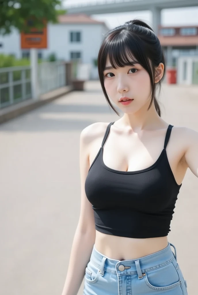 1 Girl, Tokyo Street,night, Streetscape,City lights,Upper Body, Tank top,smile, big breasts, (8K, Raw photo, highest quality, masterpiece:1.2),(Realistic, photo-Realistic:1.37),