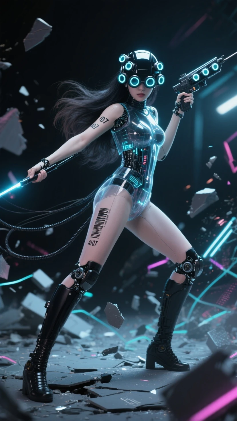 Fraction_9, Fraction_8_more than, Fraction_7_more than. in the bottom frame,time has passed, 
SF Future Mechanic 안드로이드 한국 female, 투명한 몸체, 시스루, black and 롱 웨이브 hair, close-up facial Helmatt covering eyes and head, 5 round 크기가 작은, 눈에서부터 머리까지 세로로 정렬된 vision goggles (microscope) lenses on Helmatt's eyes, and 작게 AI 07 numbers and barcodes on the skin of one arm.
Dynamic movements, motion blur, dramatic martial arts action poses that seem to be dancing, SF Future Mechanic female warriors, balanced, flexible and sleek body, a fierce expression on the face of an innocent and elegant KPOP idol, a detailed face, a light afterimage effect of a wielding long spear weapon, a screen full of broken debris, the height of glamour intertwined with neon lights. 끊어진 긴 케이블 전선들이 공중에 휘날린다. 투몀한 몸체 속에 보이는 안드로이드 부품과 구조의 디테일. 긴 메카닉 부츠, 긴 메카닉 부츠를 신은 발이 땅을 강하게 밟아 부서진다. 여전사가 밟은 땅이 부서져 파편이 튄다. 헬멧이 눈까지 완전히 덮고, 이마는 안보인다, 안면을 가린, 눈과 붙어 있는 헬맷, 야시경 렌즈 5개가 안면부 눈에 달린 헬맷, 눈에 야시경 렌즈, 가면처럼, 여전사의 발끝에서 머리끝까지 전체 모습을 담은 풀바디샷.
[futuristic style, neon, glasses, futuristic style headset]. Masterpiece, best quality, (super detailed), incredible quality, is very beautiful, illustration, perfect composition of the face, Fine Details, absurd, incredibly absurd.