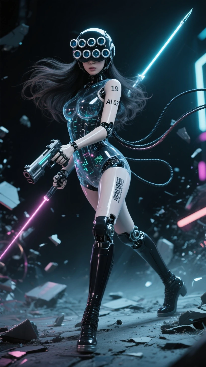 Fraction_9, Fraction_8_more than, Fraction_7_more than. in the bottom frame,time has passed, 
SF Future Mechanic 안드로이드 한국 female, 투명한 몸체, 시스루, black and 롱 웨이브 hair, close-up facial Helmatt covering eyes and head, 5 round 크기가 작은, 눈에서부터 머리까지 세로로 정렬된 vision goggles (microscope) lenses on Helmatt's eyes, and 작게 AI 07 numbers and barcodes on the skin of one arm.
Dynamic movements, motion blur, dramatic martial arts action poses that seem to be dancing, SF Future Mechanic female warriors, balanced, flexible and sleek body, a fierce expression on the face of an innocent and elegant KPOP idol, a detailed face, a light afterimage effect of a wielding long spear weapon, a screen full of broken debris, the height of glamour intertwined with neon lights. 끊어진 긴 케이블 전선들이 공중에 휘날린다. 투몀한 몸체 속에 보이는 안드로이드 부품과 구조의 디테일. 긴 메카닉 부츠, 긴 메카닉 부츠를 신은 발이 땅을 강하게 밟아 부서진다. 여전사가 밟은 땅이 부서져 파편이 튄다. 헬멧이 눈까지 완전히 덮고, 이마는 안보인다, 안면을 가린, 눈과 붙어 있는 헬맷, 야시경 렌즈 5개가 안면부 눈에 달린 헬맷, 눈에 야시경 렌즈, 가면처럼, 여전사의 발끝에서 머리끝까지 전체 모습을 담은 풀바디샷.
[futuristic style, neon, glasses, futuristic style headset]. Masterpiece, best quality, (super detailed), incredible quality, is very beautiful, illustration, perfect composition of the face, Fine Details, absurd, incredibly absurd.