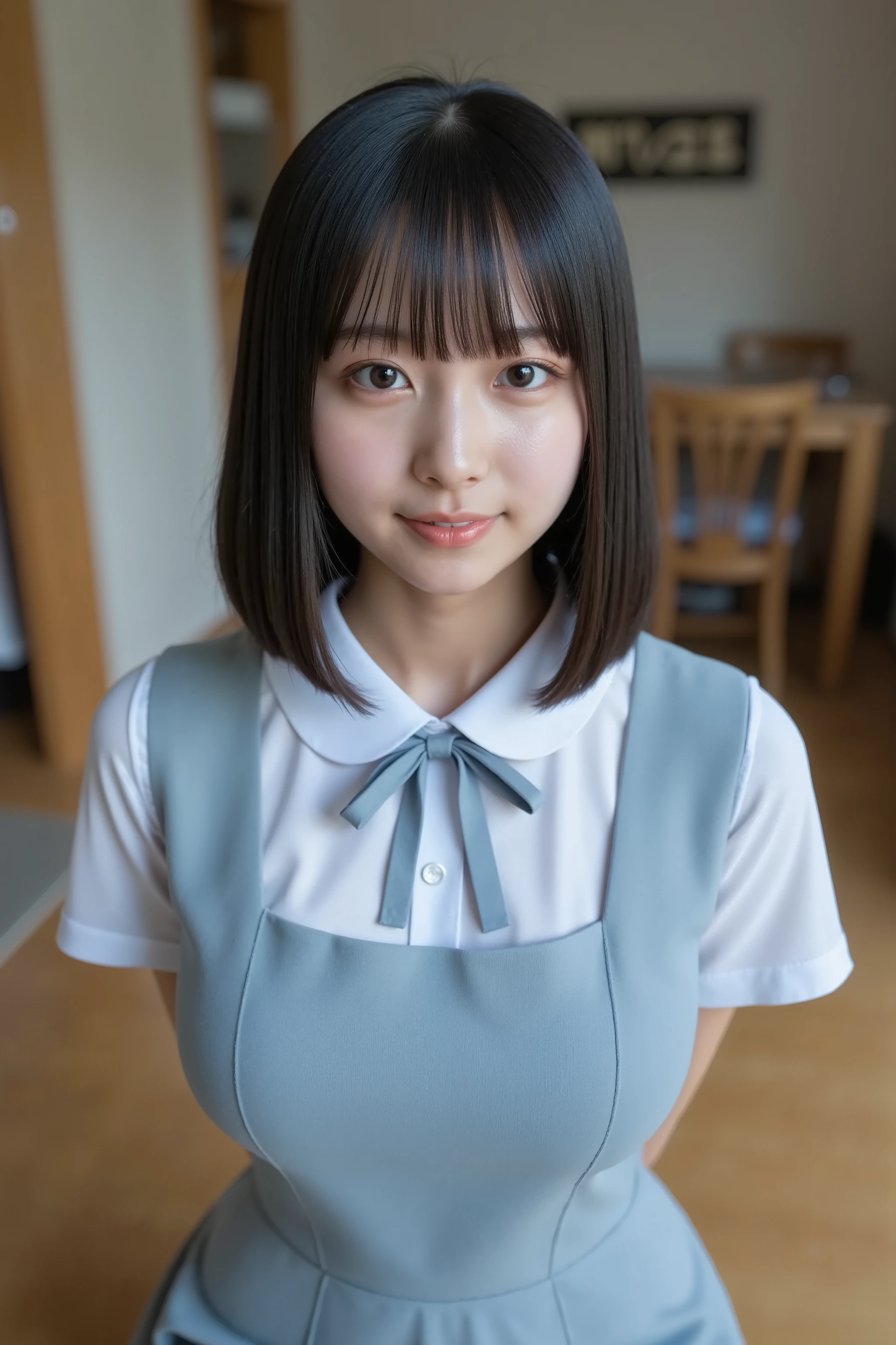 See-through school uniform, This photo shows a cute Japanese woman,
The image is of very high quality, with clear skin texture.
The focus is on her face.
The focus is very sharp.
thin waist.
Her whole body is in the picture.
Her facial expression is sexy.
She is facing forward.
She has shiny black hair.
Her skin is beautiful, fair, finely textured, and even.
Her breasts are small and firm.
no accessories, no tattoos, upper body, messy room,
