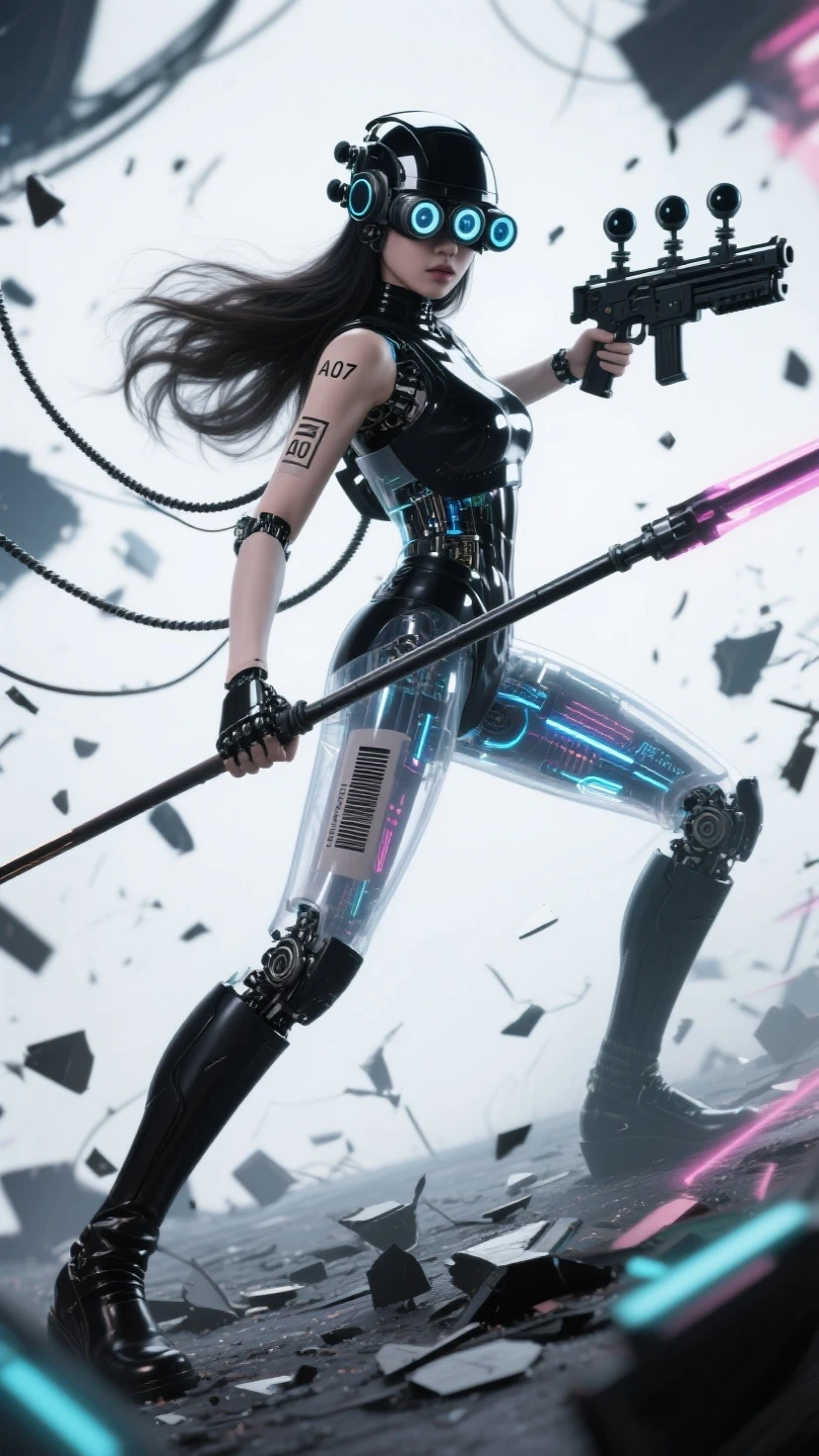 Fraction_9, Fraction_8_more than, Fraction_7_more than. in the bottom frame,time has passed, 
SF Future Mechanic 안드로이드 한국 female, 투명한 몸체, 시스루, black and 롱 웨이브 hair, close-up facial Helmatt covering eyes and head, 5 round 크기가 작은, 눈에서부터 머리까지 세로로 정렬된 vision goggles (microscope) lenses on Helmatt's eyes, and 작게 AI 07 numbers and barcodes on the skin of one arm.
Dynamic movements, motion blur, dramatic martial arts action poses that seem to be dancing, SF Future Mechanic female warriors, balanced, flexible and sleek body, a fierce expression on the face of an innocent and elegant KPOP idol, a detailed face, a light afterimage effect of a wielding long spear weapon, a screen full of broken debris, the height of glamour intertwined with neon lights. 끊어진 긴 케이블 전선들이 공중에 휘날린다. 투몀한 몸체 속에 보이는 안드로이드 부품과 구조의 디테일. 긴 메카닉 부츠, 긴 메카닉 부츠를 신은 발이 땅을 강하게 밟아 부서진다. 여전사가 밟은 땅이 부서져 파편이 튄다. 헬멧이 눈까지 완전히 덮고, 이마는 안보인다, 안면을 가린, 눈과 붙어 있는 헬맷, 야시경 렌즈 5개가 안면부 눈에 달린 헬맷, 눈에 야시경 렌즈, 가면처럼, 여전사의 발끝에서 머리끝까지 전체 모습을 담은 풀바디샷.
[futuristic style, neon, glasses, futuristic style headset]. Masterpiece, best quality, (super detailed), incredible quality, is very beautiful, illustration, perfect composition of the face, Fine Details, absurd, incredibly absurd.