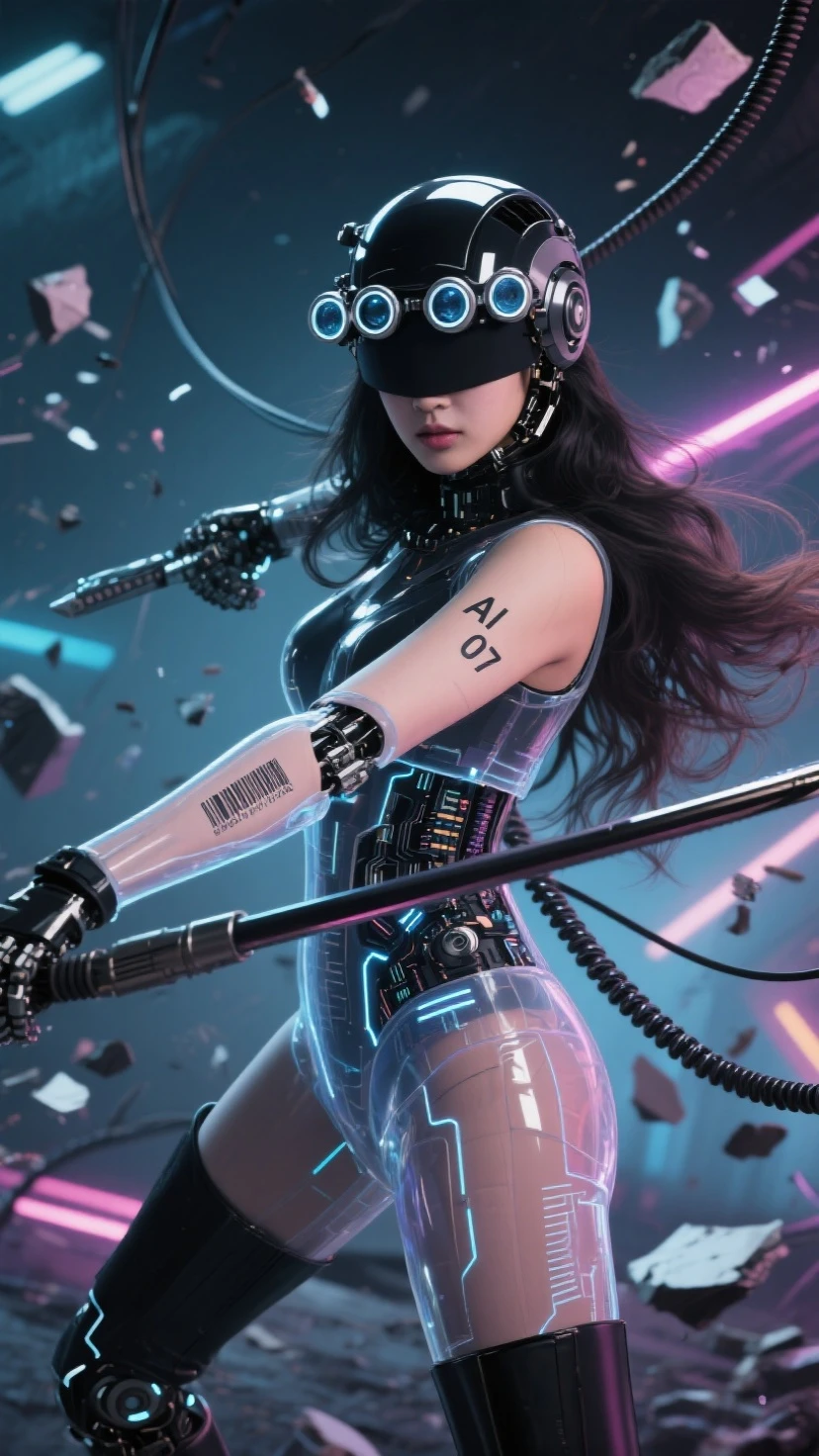 Fraction_9, Fraction_8_more than, Fraction_7_more than. in the bottom frame,time has passed, 
SF Future Mechanic 안드로이드 한국 female, 투명한 몸체, 시스루, black and 롱 웨이브 hair, close-up facial Helmatt covering eyes and head, 5 round 크기가 작은, 눈에서부터 머리까지 세로로 정렬된 vision goggles (microscope) lenses on Helmatt's eyes, and 작게 AI 07 numbers and barcodes on the skin of one arm.
Dynamic movements, motion blur, dramatic martial arts action poses that seem to be dancing, SF Future Mechanic female warriors, balanced, flexible and sleek body, a fierce expression on the face of an innocent and elegant KPOP idol, a detailed face, a light afterimage effect of a wielding long spear weapon, a screen full of broken debris, the height of glamour intertwined with neon lights. 끊어진 긴 케이블 전선들이 공중에 휘날린다. 투몀한 몸체 속에 보이는 안드로이드 부품과 구조의 디테일. 긴 메카닉 부츠, 긴 메카닉 부츠를 신은 발이 땅을 강하게 밟아 부서진다. 여전사가 밟은 땅이 부서져 파편이 튄다. 헬멧이 눈까지 완전히 덮고, 이마는 안보인다, 안면을 가린, 눈과 붙어 있는 헬맷, 야시경 렌즈 5개가 안면부 눈에 달린 헬맷, 눈에 야시경 렌즈, 가면처럼, 여전사의 발끝에서 머리끝까지 전체 모습을 담은 풀바디샷.
[futuristic style, neon, glasses, futuristic style headset]. Masterpiece, best quality, (super detailed), incredible quality, is very beautiful, illustration, perfect composition of the face, Fine Details, absurd, incredibly absurd.