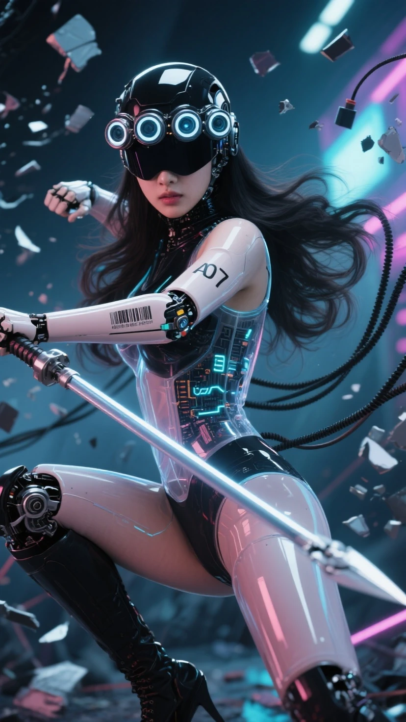 Fraction_9, Fraction_8_more than, Fraction_7_more than. in the bottom frame,time has passed, 
SF Future Mechanic 안드로이드 한국 female, 투명한 몸체, 시스루, black and 롱 웨이브 hair, close-up facial Helmatt covering eyes and head, 5 round 크기가 작은, 눈에서부터 머리까지 세로로 정렬된 vision goggles (microscope) lenses on Helmatt's eyes, and 작게 AI 07 numbers and barcodes on the skin of one arm.
Dynamic movements, motion blur, dramatic martial arts action poses that seem to be dancing, SF Future Mechanic female warriors, balanced, flexible and sleek body, a fierce expression on the face of an innocent and elegant KPOP idol, a detailed face, a light afterimage effect of a wielding long spear weapon, a screen full of broken debris, the height of glamour intertwined with neon lights. 끊어진 긴 케이블 전선들이 공중에 휘날린다. 투몀한 몸체 속에 보이는 안드로이드 부품과 구조의 디테일. 긴 메카닉 부츠, 긴 메카닉 부츠를 신은 발이 땅을 강하게 밟아 부서진다. 여전사가 밟은 땅이 부서져 파편이 튄다. 헬멧이 눈까지 완전히 덮고, 이마는 안보인다, 안면을 가린, 눈과 붙어 있는 헬맷, 야시경 렌즈 5개가 안면부 눈에 달린 헬맷, 눈에 야시경 렌즈, 가면처럼, 여전사의 발끝에서 머리끝까지 전체 모습을 담은 풀바디샷.
[futuristic style, neon, glasses, futuristic style headset]. Masterpiece, best quality, (super detailed), incredible quality, is very beautiful, illustration, perfect composition of the face, Fine Details, absurd, incredibly absurd.
