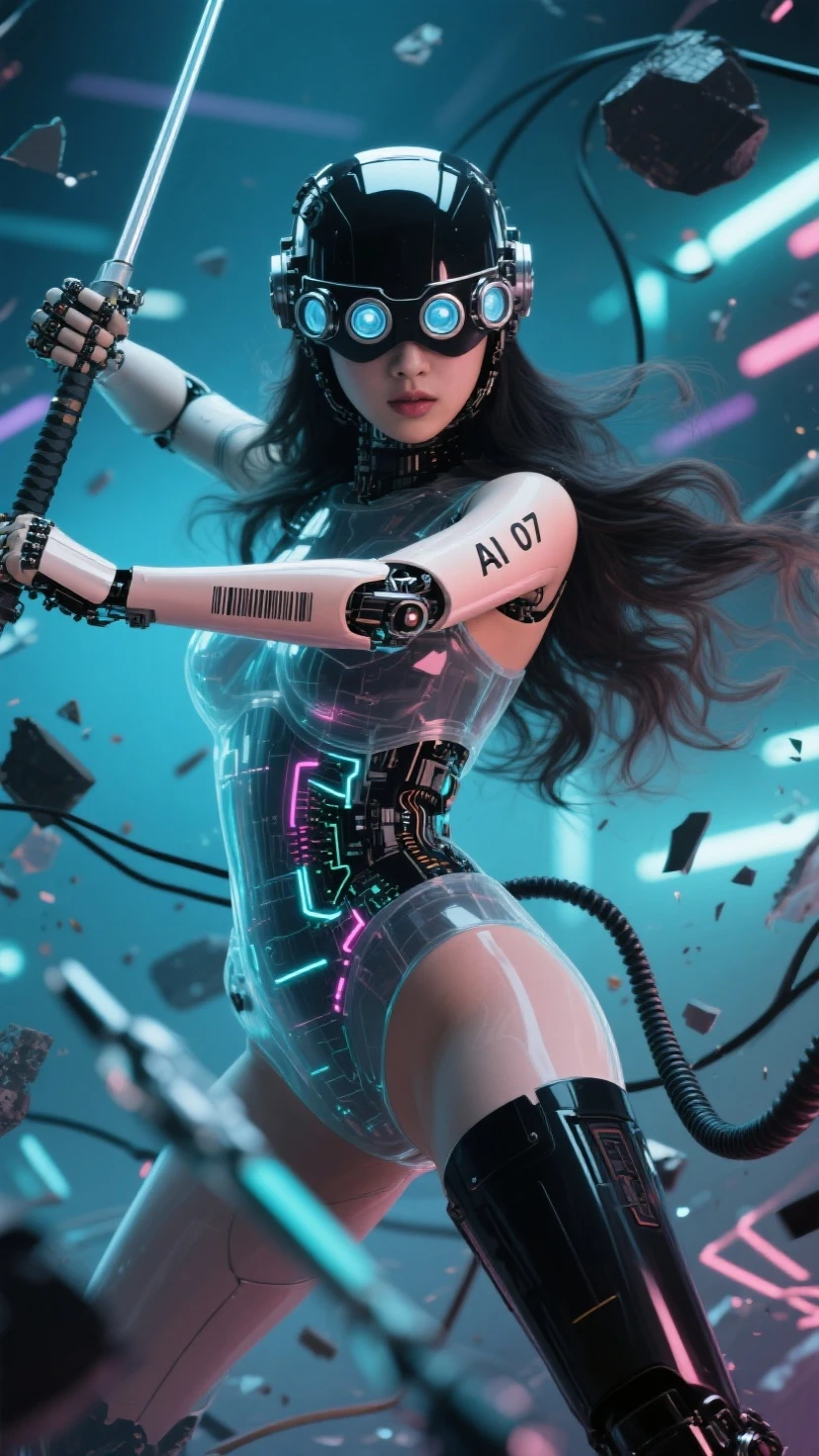 Fraction_9, Fraction_8_more than, Fraction_7_more than. in the bottom frame,time has passed, 
SF Future Mechanic 안드로이드 한국 female, 투명한 몸체, 시스루, black and 롱 웨이브 hair, close-up facial Helmatt covering eyes and head, 5 round 크기가 작은, 눈에서부터 머리까지 세로로 정렬된 vision goggles (microscope) lenses on Helmatt's eyes, and 작게 AI 07 numbers and barcodes on the skin of one arm.
Dynamic movements, motion blur, dramatic martial arts action poses that seem to be dancing, SF Future Mechanic female warriors, balanced, flexible and sleek body, a fierce expression on the face of an innocent and elegant KPOP idol, a detailed face, a light afterimage effect of a wielding long spear weapon, a screen full of broken debris, the height of glamour intertwined with neon lights. 끊어진 긴 케이블 전선들이 공중에 휘날린다. 투몀한 몸체 속에 보이는 안드로이드 부품과 구조의 디테일. 긴 메카닉 부츠, 긴 메카닉 부츠를 신은 발이 땅을 강하게 밟아 부서진다. 여전사가 밟은 땅이 부서져 파편이 튄다. 헬멧이 눈까지 완전히 덮고, 이마는 안보인다, 안면을 가린, 눈과 붙어 있는 헬맷, 야시경 렌즈 5개가 안면부 눈에 달린 헬맷, 눈에 야시경 렌즈, 가면처럼, 여전사의 발끝에서 머리끝까지 전체 모습을 담은 풀바디샷.
[futuristic style, neon, glasses, futuristic style headset]. Masterpiece, best quality, (super detailed), incredible quality, is very beautiful, illustration, perfect composition of the face, Fine Details, absurd, incredibly absurd.