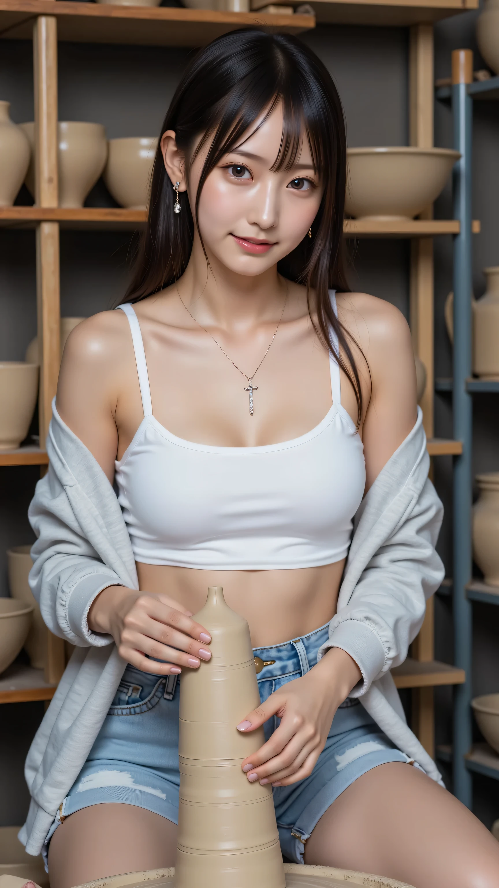 A young adult Japanese female idol with light skin tone and brown hair is seated at a pottery wheel, shaping a piece of clay. She is looking directly at the viewer with a slight smile. Her hair is pulled back, with some strands framing her face. She is wearing a white tank top that reveals a portion of her midriff, paired with light blue denim shorts and a light grey unzipped hooded sweatshirt over the tank top. Her hands are covered in clay as she works on the tall, cylindrical clay form on the pottery wheel. The background shows a rustic workshop setting with wooden shelves filled with various ceramic pots and bowls of different sizes and shapes. The lighting appears soft, highlighting the woman and the clay. There are also smaller clay pieces and tools visible around the base of the pottery wheel.
