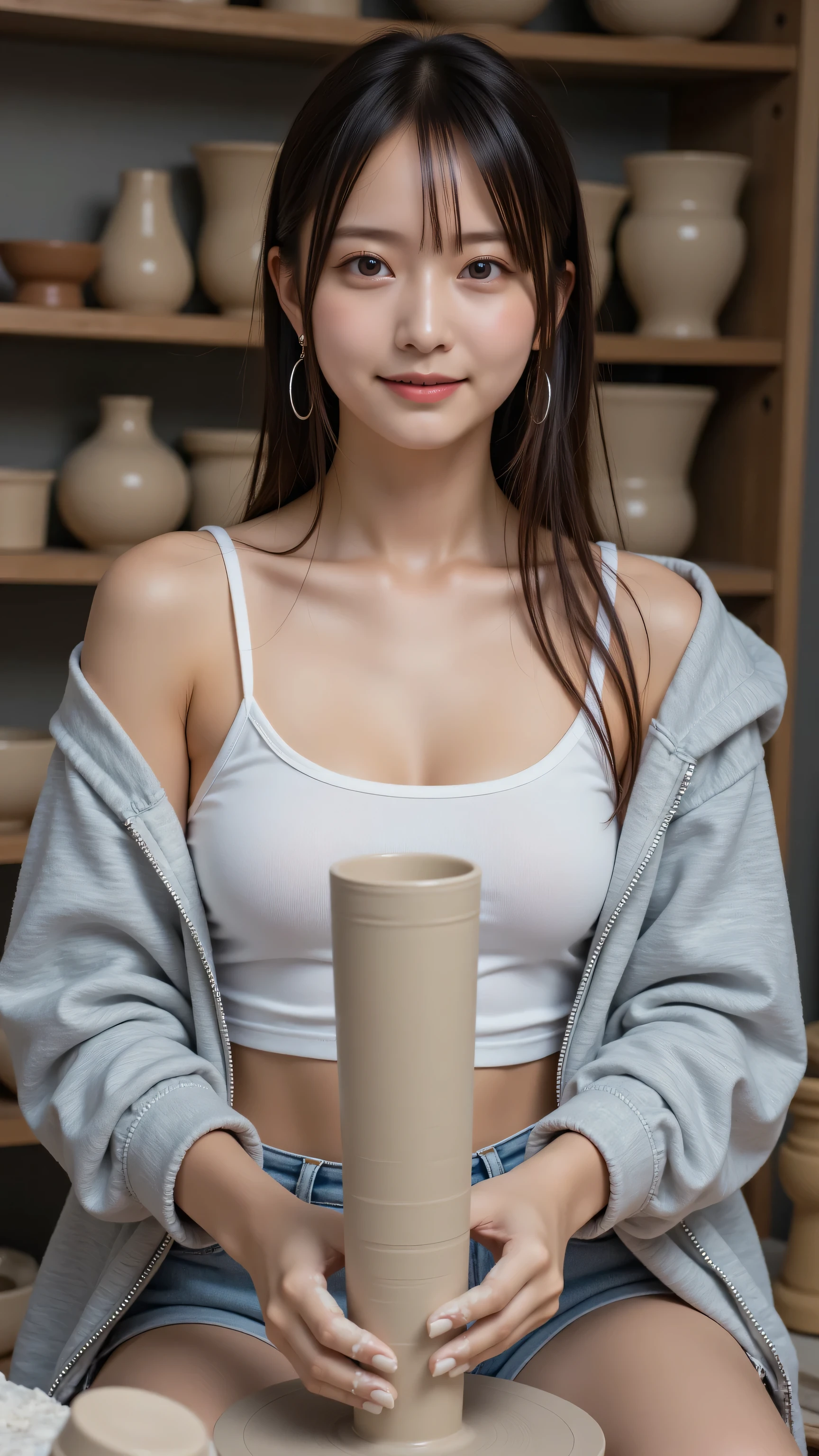 A young adult Japanese female idol with light skin tone and brown hair is seated at a pottery wheel, shaping a piece of clay. She is looking directly at the viewer with a slight smile. Her hair is pulled back, with some strands framing her face. She is wearing a white tank top that reveals a portion of her midriff, paired with light blue denim shorts and a light grey unzipped hooded sweatshirt over the tank top. Her hands are covered in clay as she works on the tall, cylindrical clay form on the pottery wheel. The background shows a rustic workshop setting with wooden shelves filled with various ceramic pots and bowls of different sizes and shapes. The lighting appears soft, highlighting the woman and the clay. There are also smaller clay pieces and tools visible around the base of the pottery wheel.