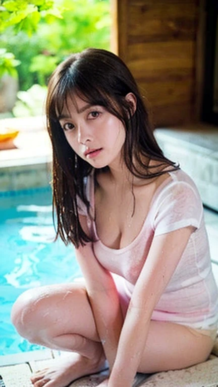 beautiful girl ,Young Female, bathing in a swiming pool, dynamic poses, strapless ??????, Long ponytail,abdominal, rounded ??????, (small ??????:1.2), cleavage, Morning sunshine,Eyes on the audience, rain, (dynamic poses), bath, bath poses, ((face details)),Double eyelids, reeds, (backlighting), realistic, masterpiece, highest quality, lens flare, shade, bloom, [[chromatic aberration]], HDR, high contrast
