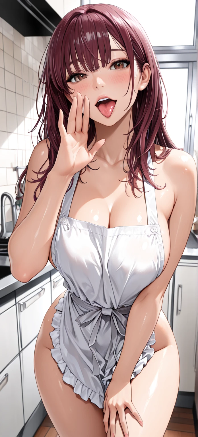 (anime artwork, anime style, studio anime, very detailed, up to date, vibrant, Anime Coloring, high contrast, masterpiece:1.2, best quality, best aesthetics),2 girl, Medium chest, A glimpse of thighs,random hair, One eye is hidden by the bangs, perfect proportions, high detail skin, Cute, detailed faces,kitchen, precise fingers,cooking,apron on naked body,light smile