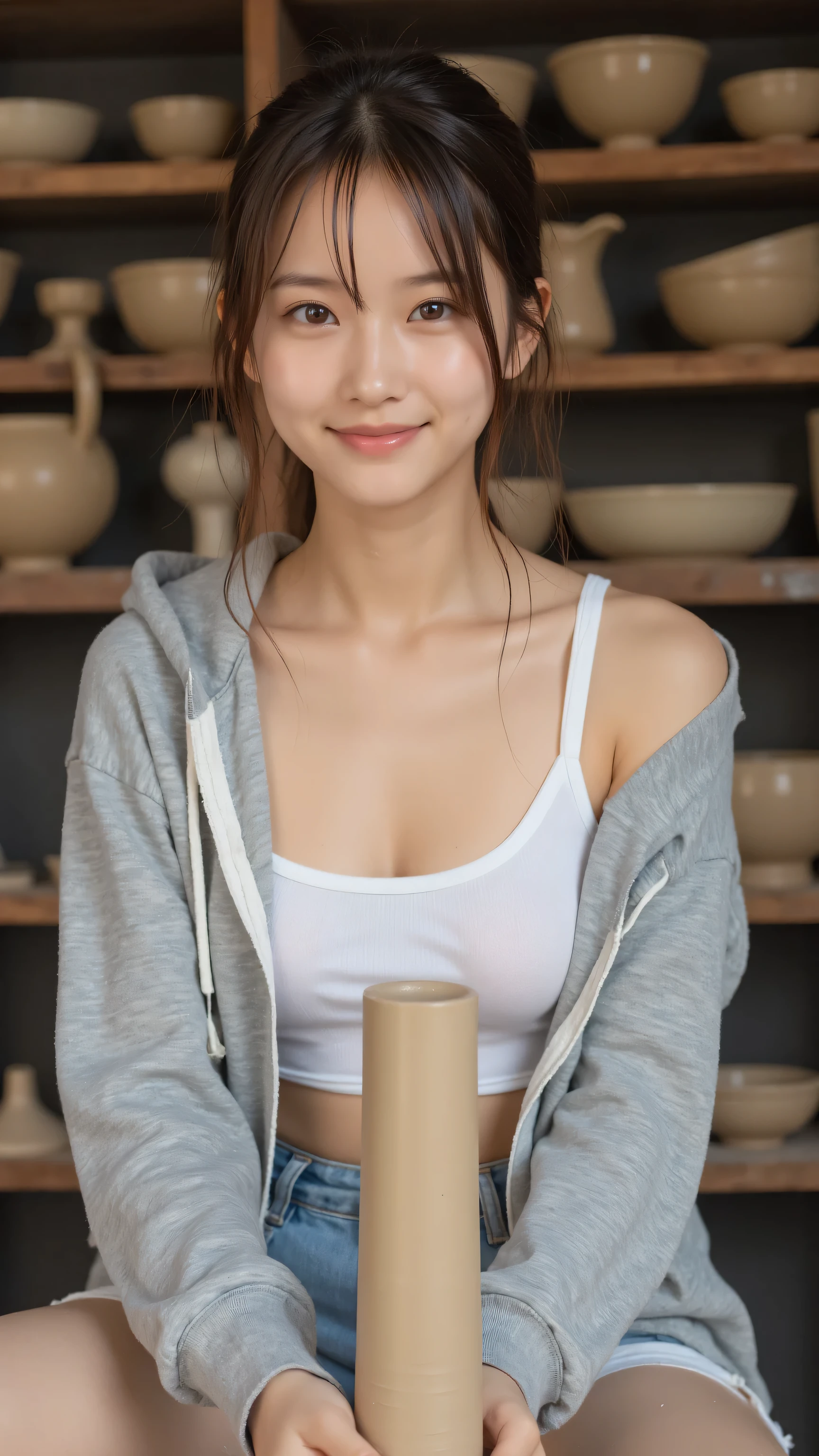 A young adult Japanese female idol with light skin tone and brown hair is seated at a pottery wheel, shaping a piece of clay. She is looking directly at the viewer with a slight smile. Her hair is pulled back, with some strands framing her face. She is wearing a white tank top that reveals a portion of her midriff, paired with light blue denim shorts and a light grey unzipped hooded sweatshirt over the tank top. Her hands are covered in clay as she works on the tall, cylindrical clay form on the pottery wheel. The background shows a rustic workshop setting with wooden shelves filled with various ceramic pots and bowls of different sizes and shapes. The lighting appears soft, highlighting the woman and the clay. There are also smaller clay pieces and tools visible around the base of the pottery wheel.