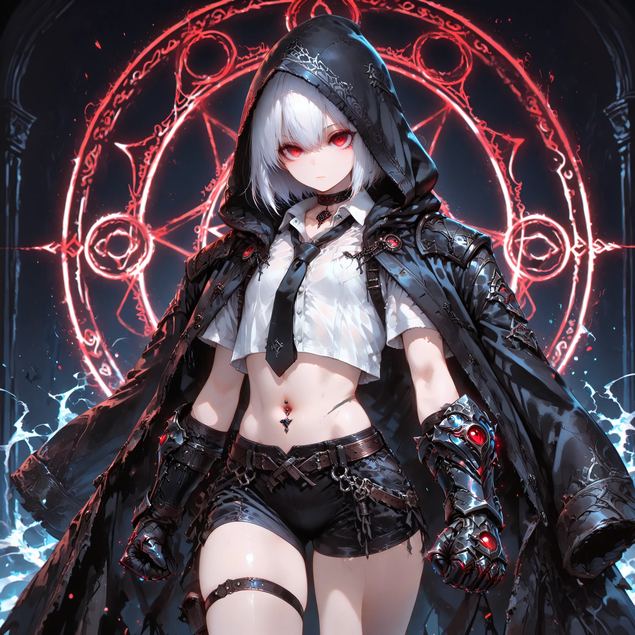 ((best quality)), ((masterpieces)), (detailed), perfect face, SOLO, ((((femboy)))), tomgirl, ANIME, beautiful detailed eyes, BOB hair, BOBed hair, white hair, RED EYES, expressionless, hooded, Magical Eyes, dark background, ((BLACK HOODED coat draped over shoulders)), ((flat chest)), magic circle, ((HOODED coat )), ((hooded head)), ((dress shirt)), short black shorts, bare thighs, ((Flat chest)), bailing_magic_circle, choker, thigh strap, ((midriff)), (black tie), Crop top, navel piercing, (Fist Gauntlets), short sleeves