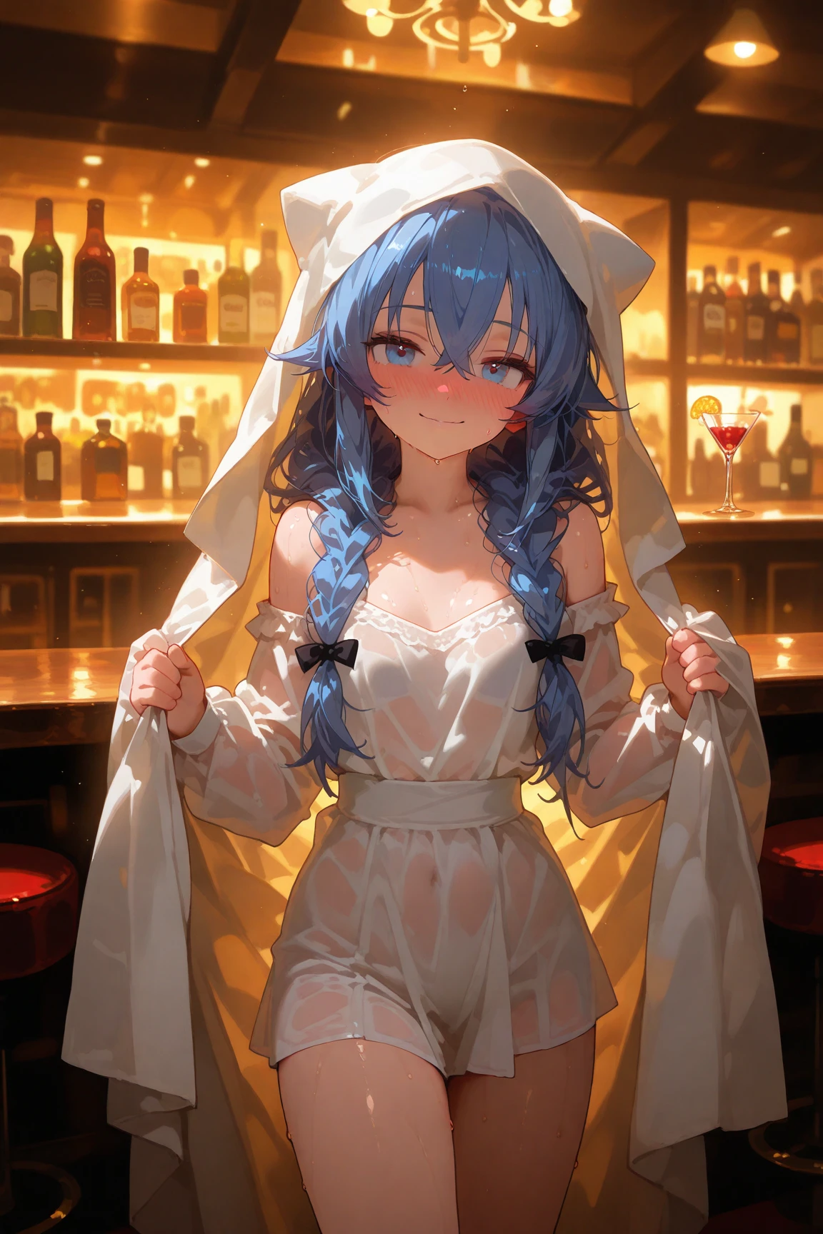 One、Wearing no clothing、Walking around town、Light blue hair、Standard Bust Size、Eyes are dead、Feeling embarrassed、Are crying、Wearing a flower ornament on her head、Nipples、Pussy、Night view、A large amount of condensed milk is poured over the body、condensed milk on the face、Condensed milk on your hair、Watched by many passers-by