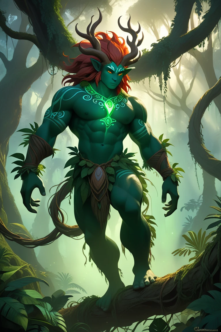 ((Best Quality)), ((Masterpiece)), (Reality)), earth_spirit, melting_heart, bigbadejo alien_monster,, all over, there is a fierce beast staring fiercely and ferociously at the male elf sitting in the water, splashing waves, in the forest, masterpiece