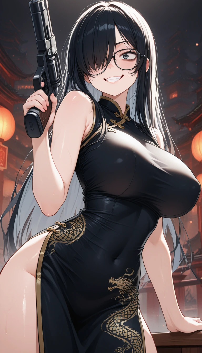 1 young adult woman, tall, nagato(Kantai collection) body, huge breasts, erect tits, white skin, 1 beautiful belly button, beautiful body, 2 human hands, five fingers, black hair, black color and silver decoration long chinese dress, standing style, hand on waist, luxury restaurant, large window, midnight, night view, black eyes, Masterpiece