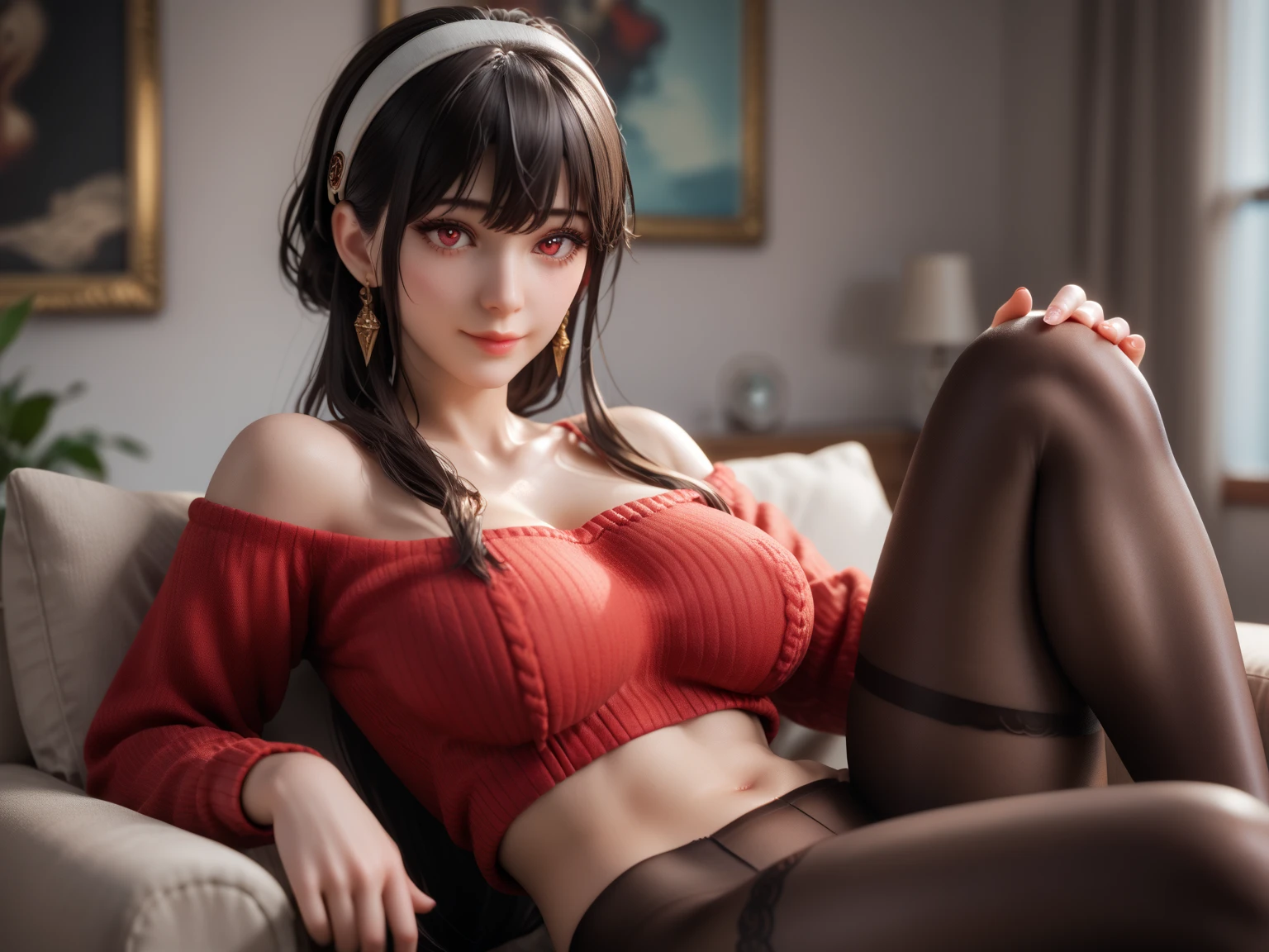 Royal sister, bare breasted. Plump breasts, black stockings, sitting on a table, spread legs, feminine expression, no shoes