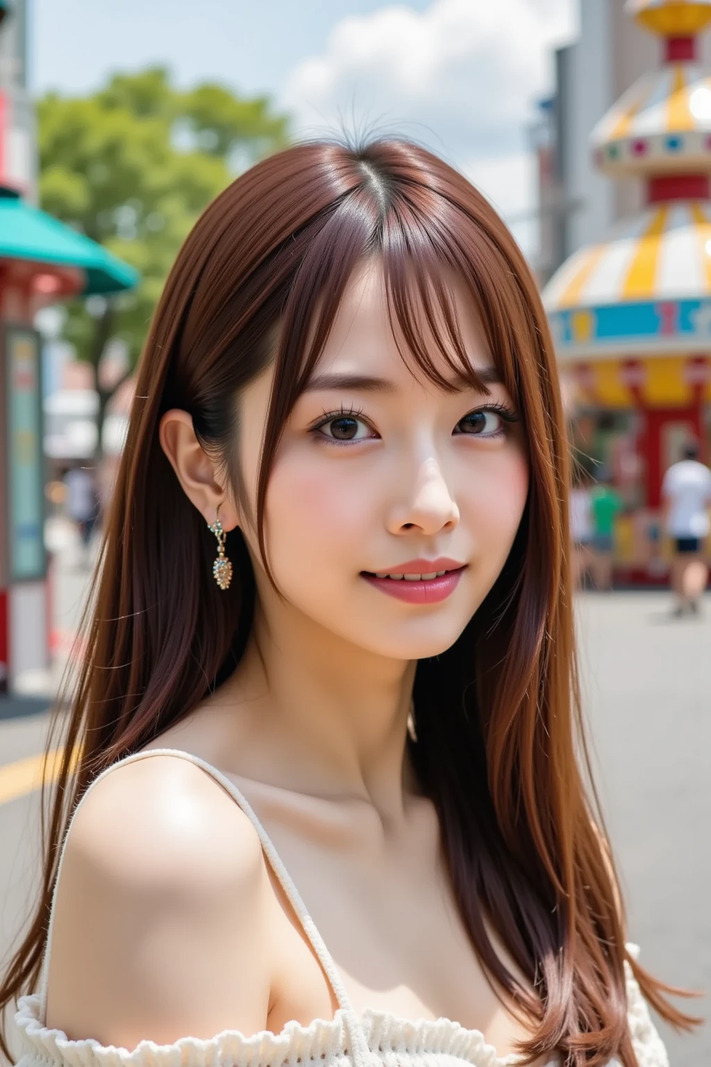 masterpiece、8K、32K、highest quality、(detailed eye)、(cute japanese woman、bangs)、23 years old、1 girl、elegant、(Detailed background depiction、Portrait:1.2)、(sundress:1.3)、Urban alleys、daytime、smile、(thick lips:1.3)、