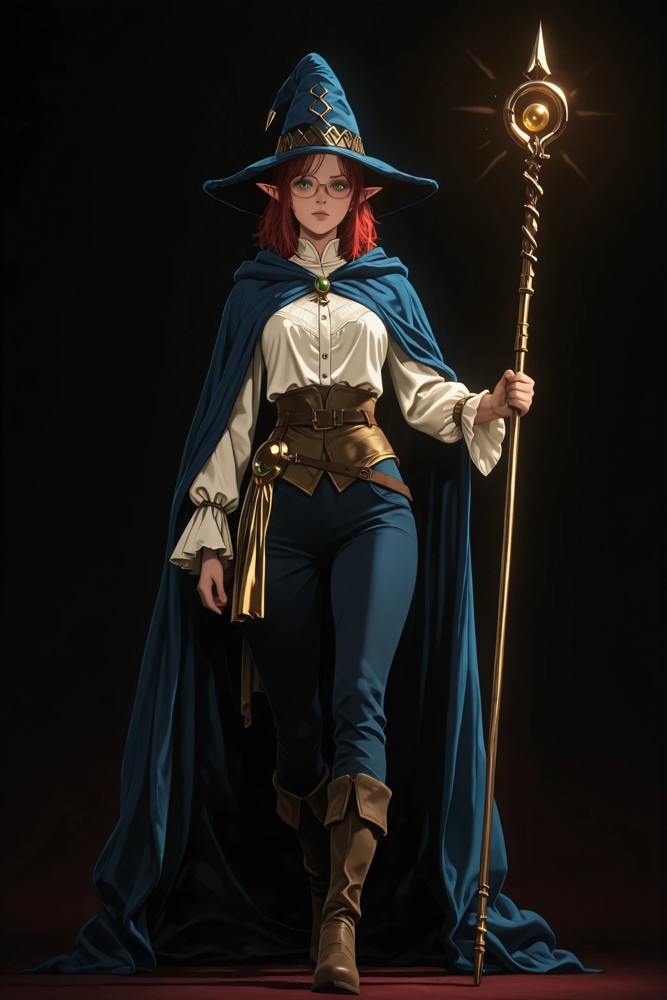 A character reference concept art in a realistic high contrast lighting with dark retro atmosphere style in a frontale view full body shot standing in A-pose with simple dark background. The character is a female elf mage, small short curvy body shape, medium hight, 150 cm, perfect beauty face features of Lena Paul, messy red hair, green eyes expressing excitement, wearing eye glasses,blue mage robe with golden ornements over a baroque white shirt and dark blue pants, mage hat, golden accessoires, boots, holding a mage golden staff in one hand