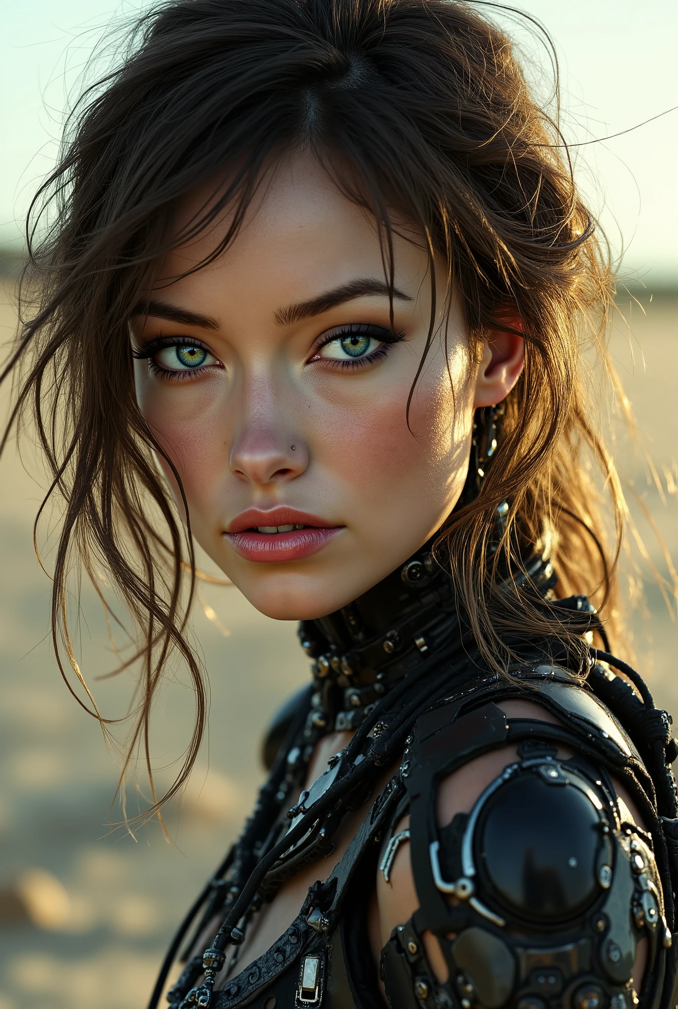 arafed woman, portrait of a cybernetic woman android Gunslinger. soft features, Soft Illustration with a dynamic background, elegant intricate artstation concept art style of Ashley Wood, Jae Wood, desolate tones, intricate detail, breathtaking masterpiece, dramatic lighting, looking at the viewer