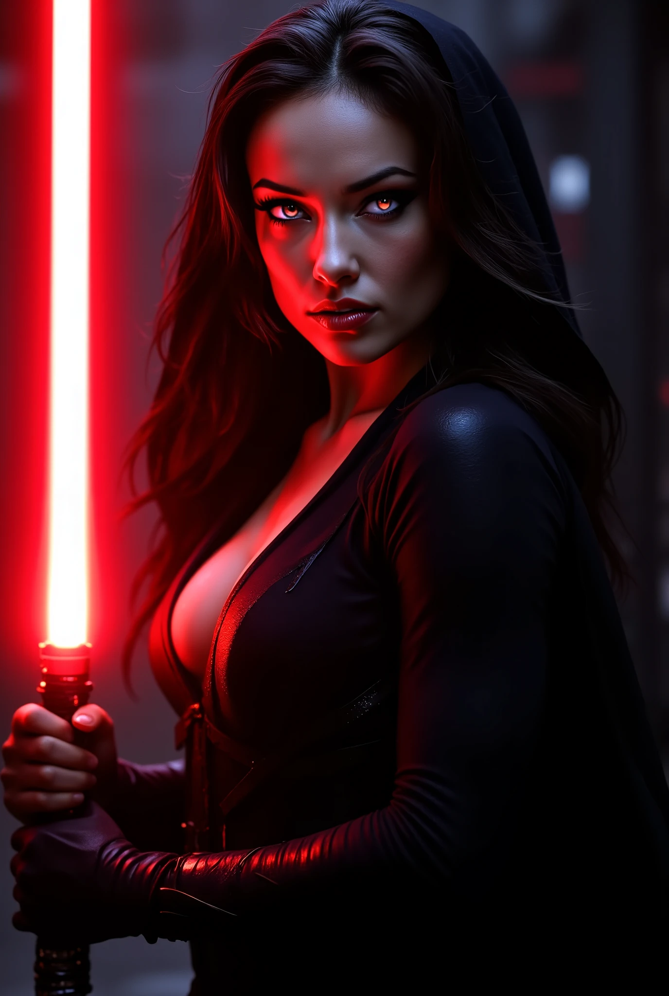 full body shot, female warrior, sith lord, star wars, red lightsaber, intricate details,beautiful detailed eyes, beautiful detailed lips, extremely detailed face, long eyelashes, evil look, diabolic, dramatic lighting, dark fantasy, chiaroscuro, cinematic composition, dramatic pose, dynamic action, moody atmosphere, deep shadows, vibrant colors, photorealistic, 8k, masterpiece