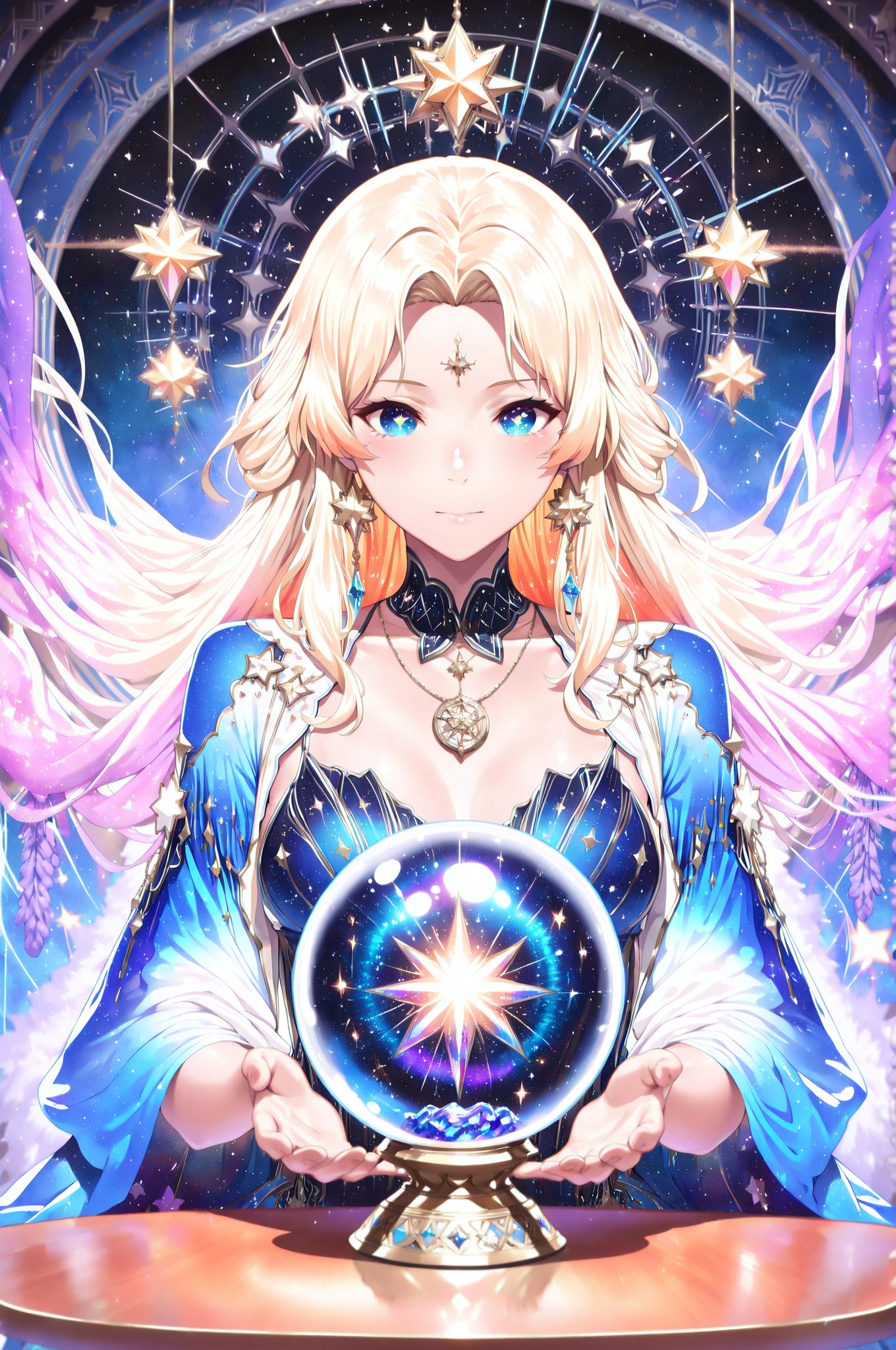 Complex double exposure high quality of an astrologist who divine the future from the stars, an extraordinary beautiful woman, divining the future from the stars, there is magic in her eyes, the ((her eyes are deep blue filled with stars)) blond hair color, dynamic hair style, wearing an intricate lavender dress, with stary motiffs necklace made from diamonds in the shape of stars, she sits near a table, seeing the future in the stars, (holding a crystal ball filled with stars) , dynamic clothing, dynamic background, vibrant, Ultra-high resolution, High Contrast, (masterpiece:1.5), highest quality, Best aesthetics), best details, best quality, highres, 16k, [ultra detailed], masterpiece, best quality, dvr-hgh-fnt