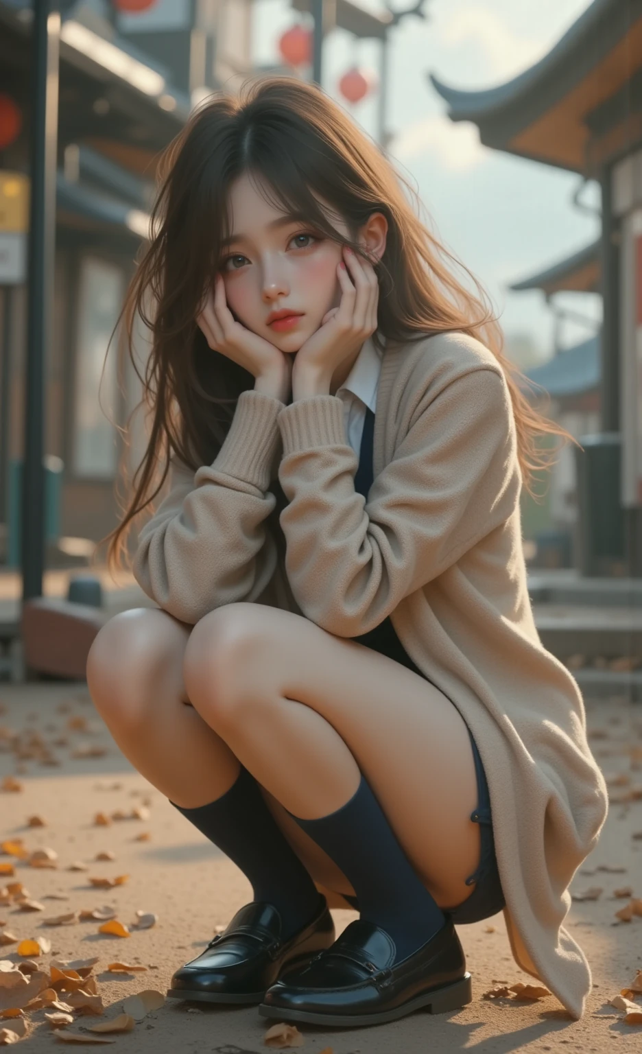 １garl、、Sit on the stairs、Open your legs a little、