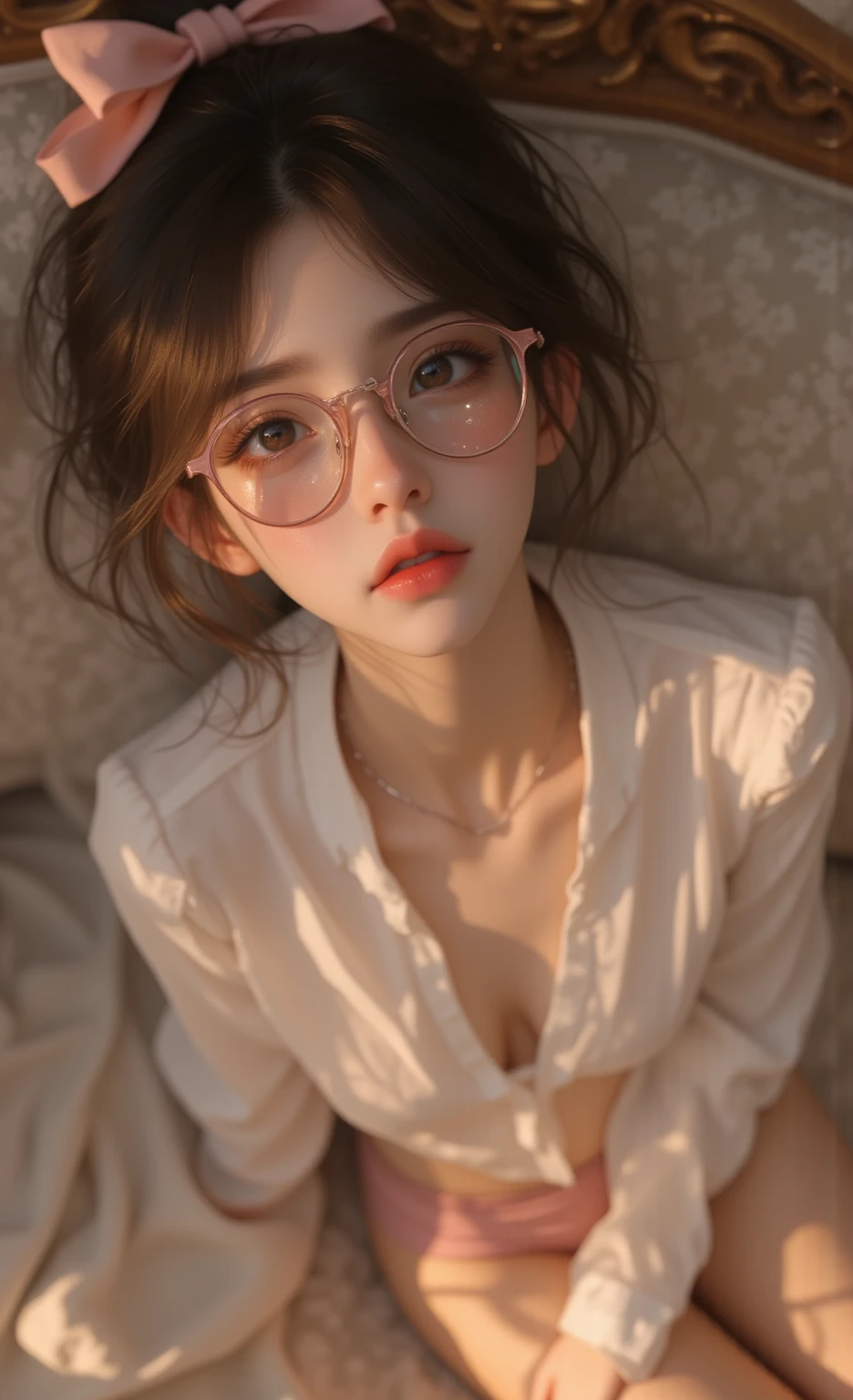 photo Realistic:1.2, 最high quality, 最high quality, Ultra-high resolution, RAW Photos, Realistic, Bright lighting, Face Light, Smooth Professional Lighting, Looking into the camera, alone, (Perfect body structure):2.0, Adult female, ((Japanese,)) (((Beautiful woman))), (((Super Beauty))), Realistic skin, Moisturized Skin, (Realistic eyes and faces):1.9, Perfect model body shape, Beautiful Eyes, Big eyes, Inconspicuous tear bags, slim, Big Breasts:1.3, very good, No makeup, Beautiful fingers, Very short hair, Brown Hair, Brown eyes, (Looks happy), (Both ears are covered by hair), Cowboy Shot), (Glasses with pink frames), (((Biomechanical))), (((White Dress, Frills, race))),(((white race panties))), (((Bedroom))), Sit on your knees on the bed:1.8, Spread your legs:1.9, masterpiece, masterpiece, Anatomically correct, Attention to detail, high quality