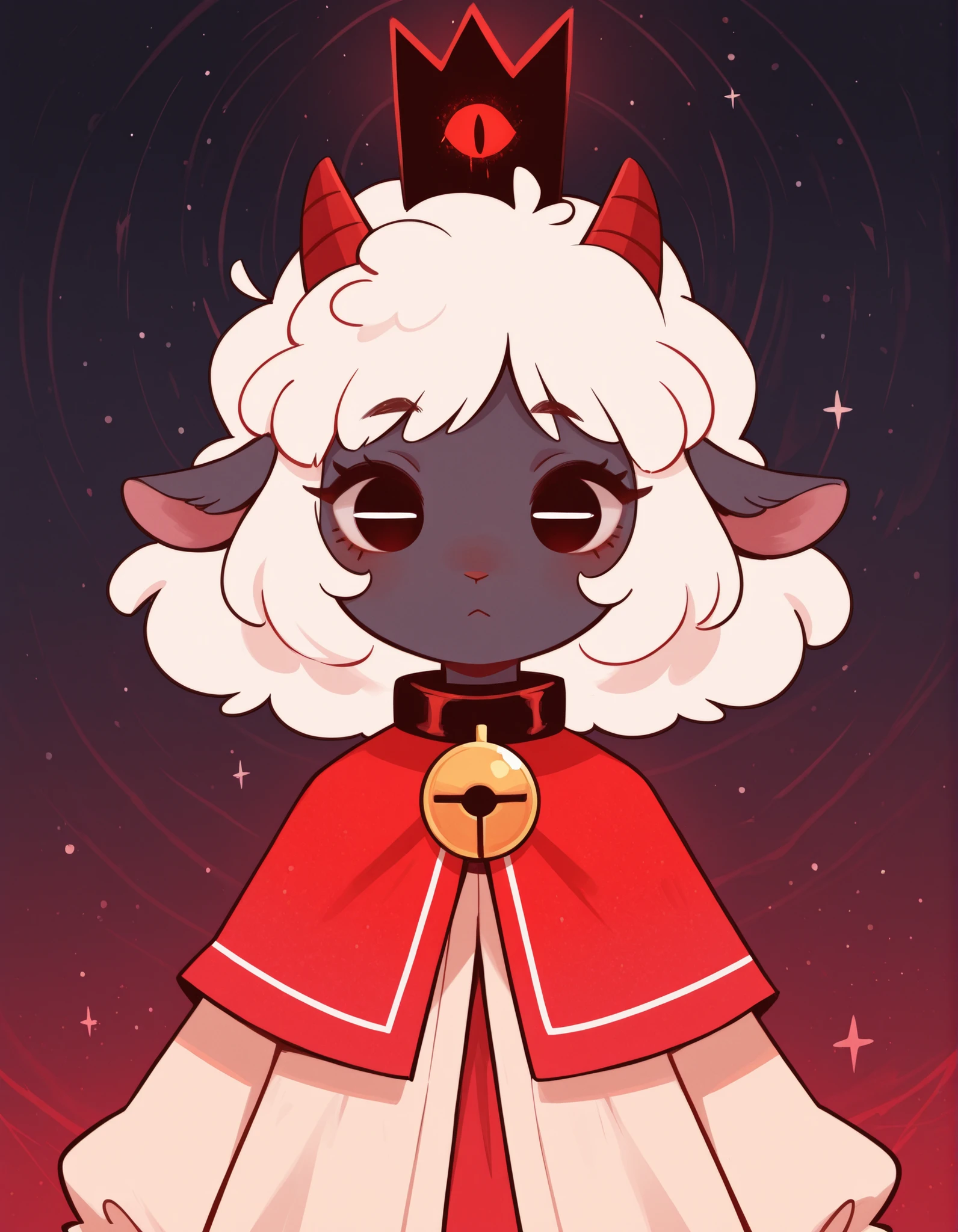 xsofts,, masterpiece, best quality, very aesthetic, 1girl, solo, cult of the lamb, sheep girl, collar, horizontal pupils, red/black eyes, red crown,