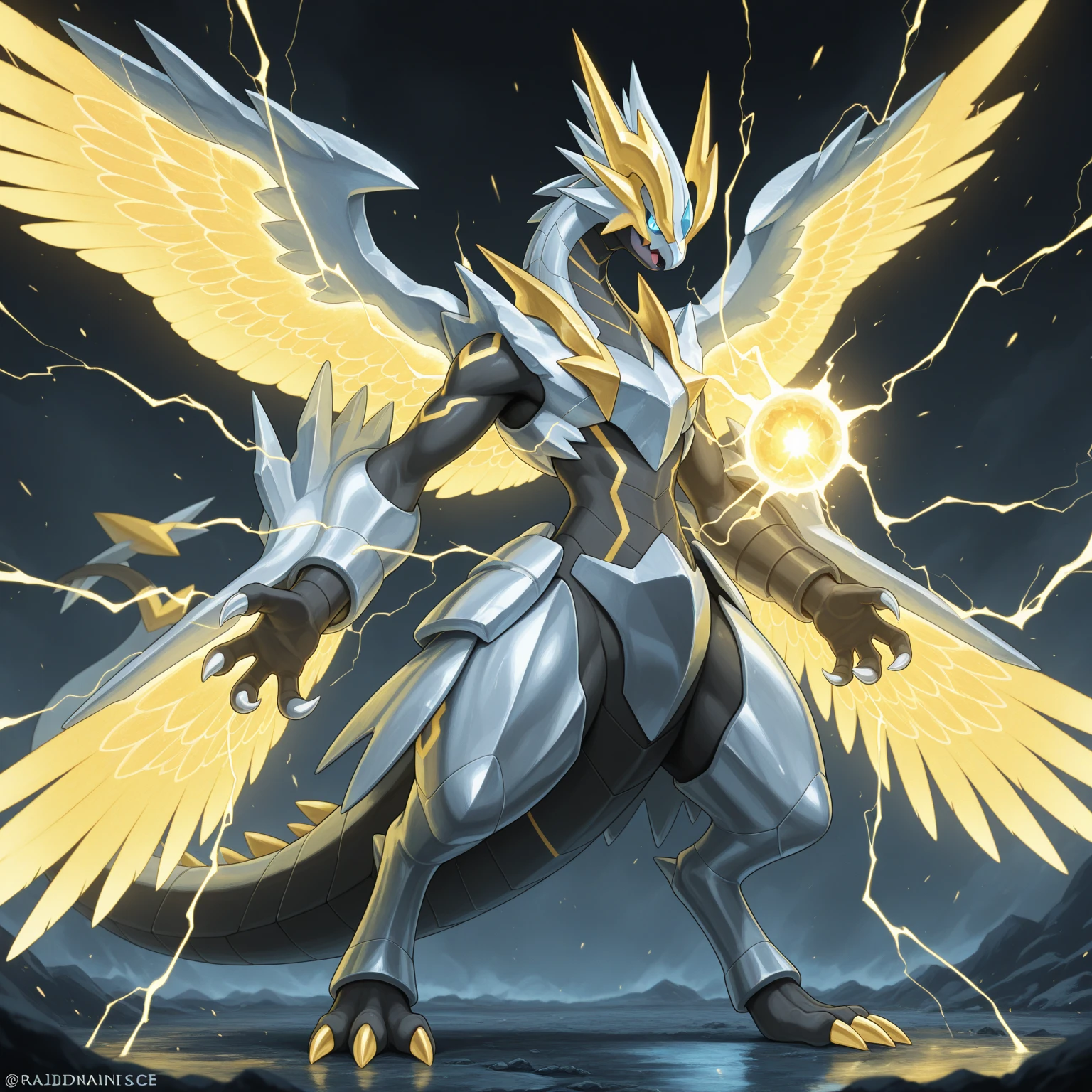 (1 wolf) full body, a white eyed yellow wolf, a winged four pointy ears yellow wolf with yellow lightning, yellow spike feathers, yellow spike wings, yellow energy around, yellow thunderstorm background, yellow electricity