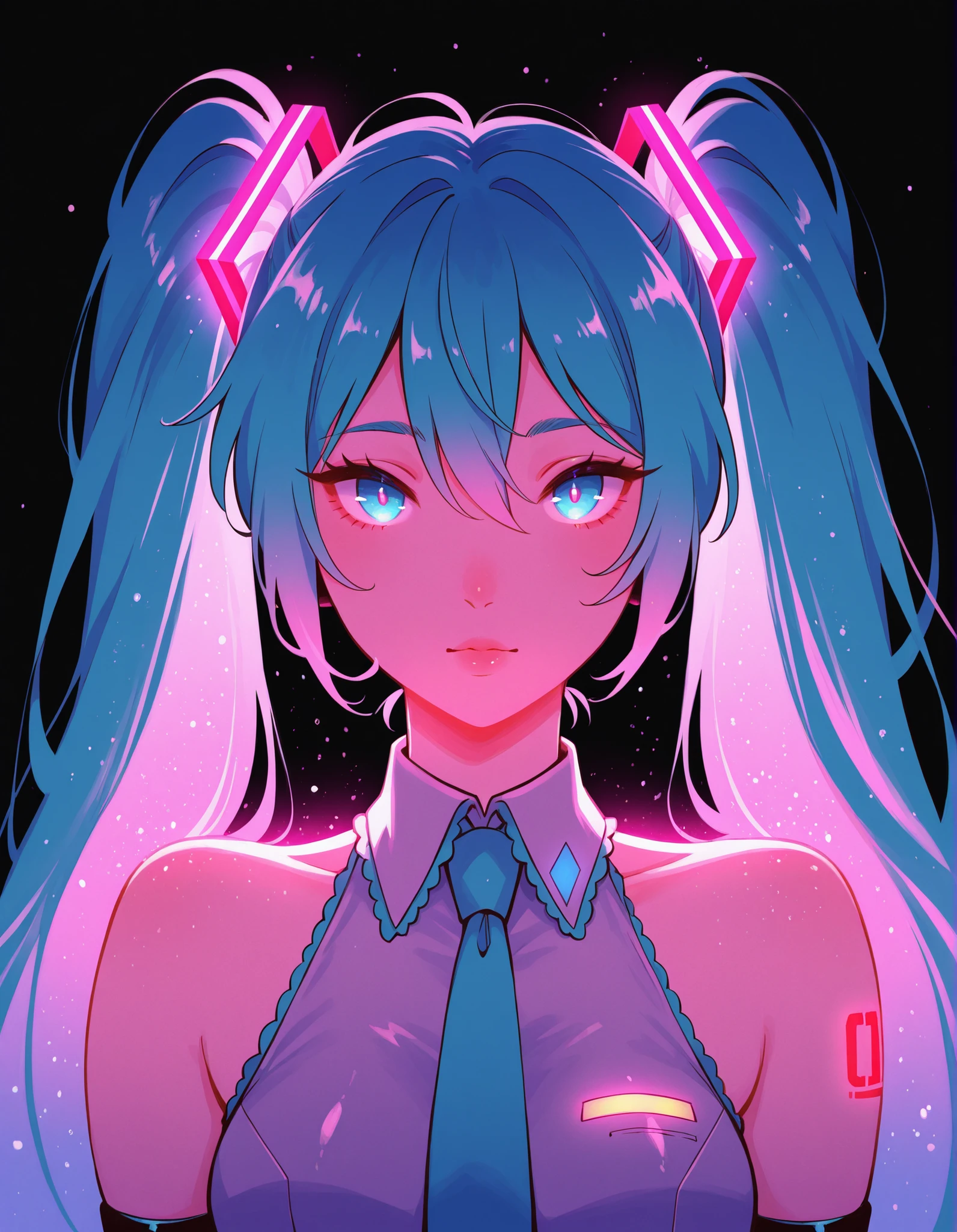 xsofts,, Hatsune Miku,limited palette,black background,colorful,vibrant,glowing outline,neon,blacklight,looking at viewer, masterpiece, very aesthetic