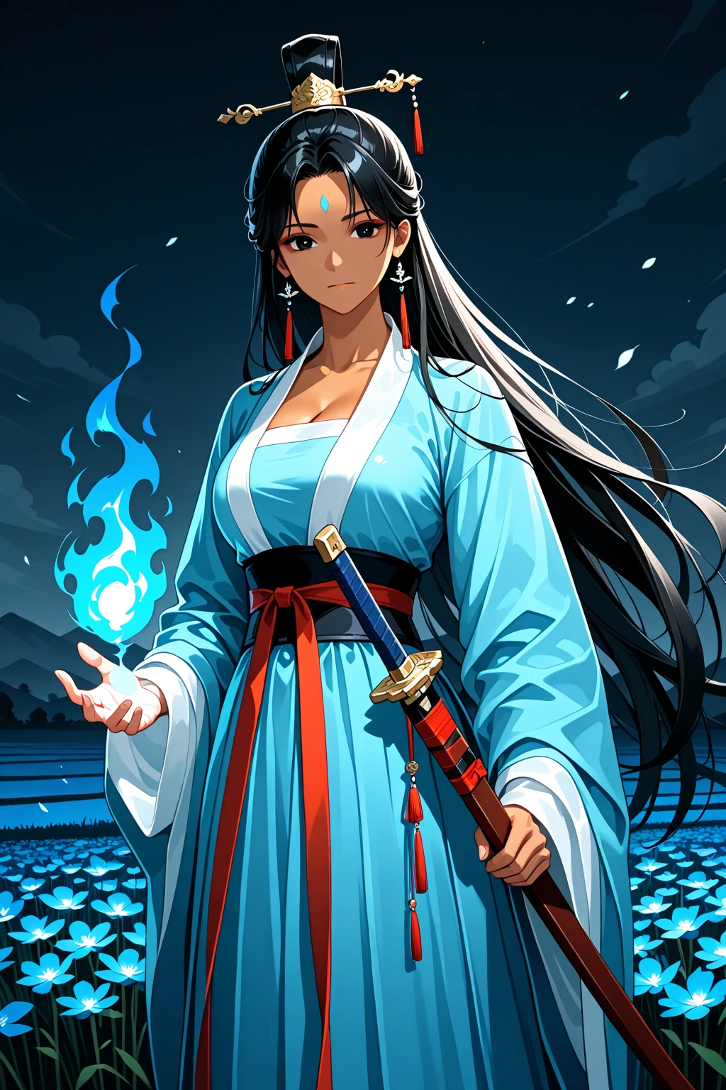 (masterpiece, high quality, lifelike, Ultra realistic, Remarkably high quality, photorealistic:1.5), Anime Woman Tsubaki Miyajima with (((((Black Long Hair wearing a White Kimono with Blue fire design on the Kimono))))) minimalist logo design bright colors, high quality, extreme quality, super detailed, Wide , Narrow waist, Close-up:0.6, Upper-body view, Looking at viewer, Large 36DD , , pretty