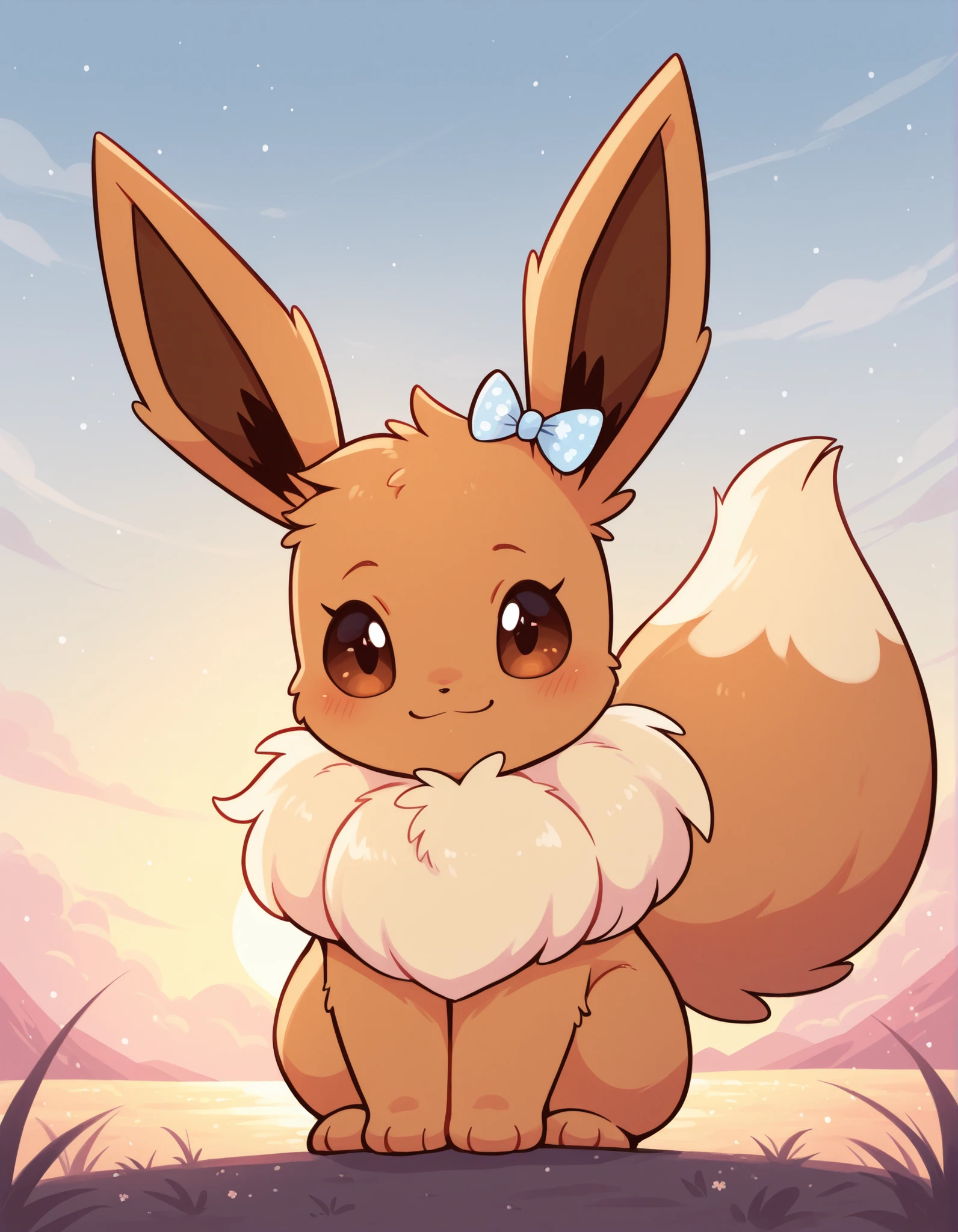 xsofts,, pokekid, eevee, fluffy girl, furry girl, female, smile, smiling, has a big pretty bow in her hair, has animal paws for hands, 1girl, best quality, outdoors, high definition, cute,