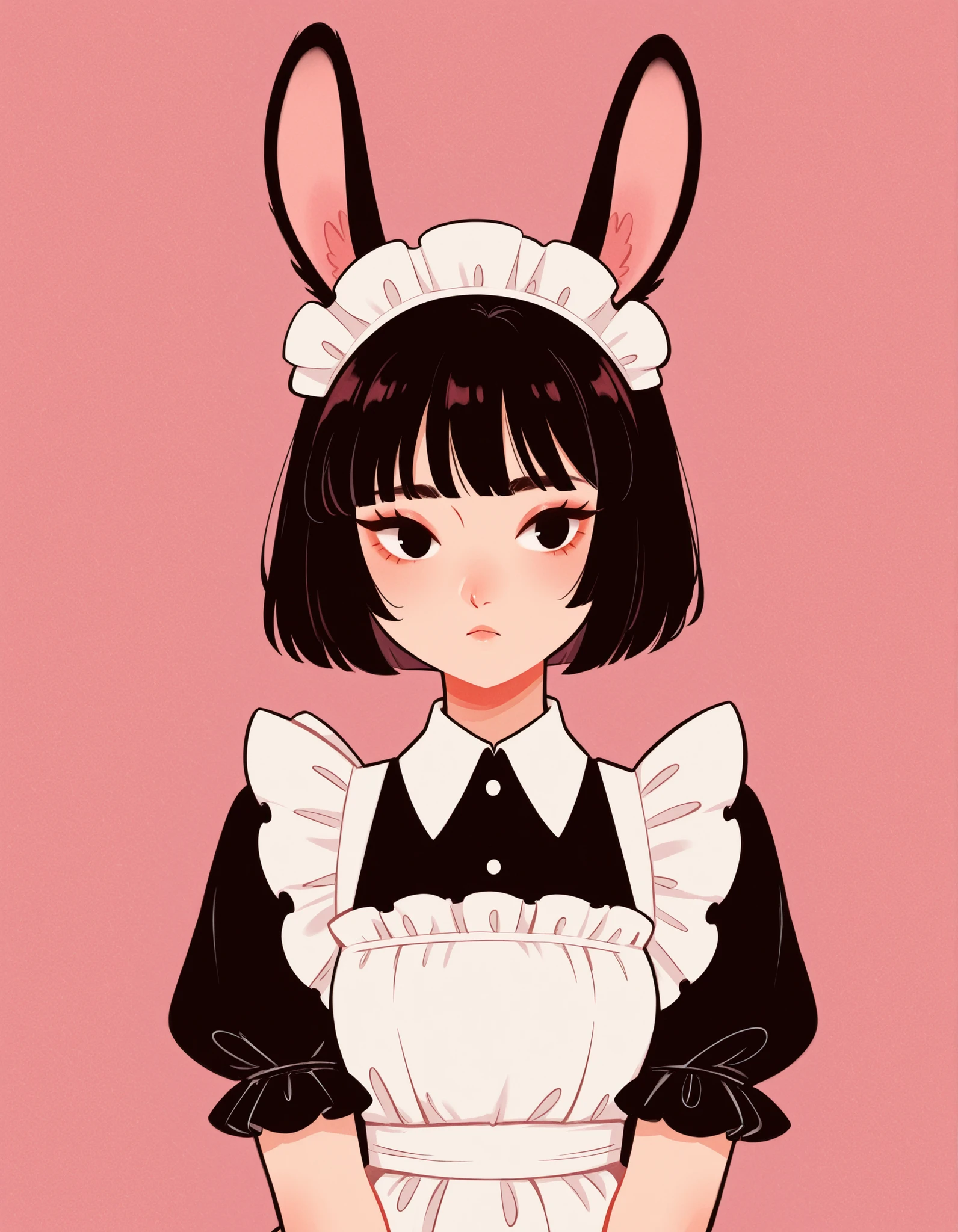 xsofts,, one woman、solo, Maya Hell,black eyes,dark hair,bob cut,Maid Outfit、White Apron、White Headdress、 with rabbit ears、cafe