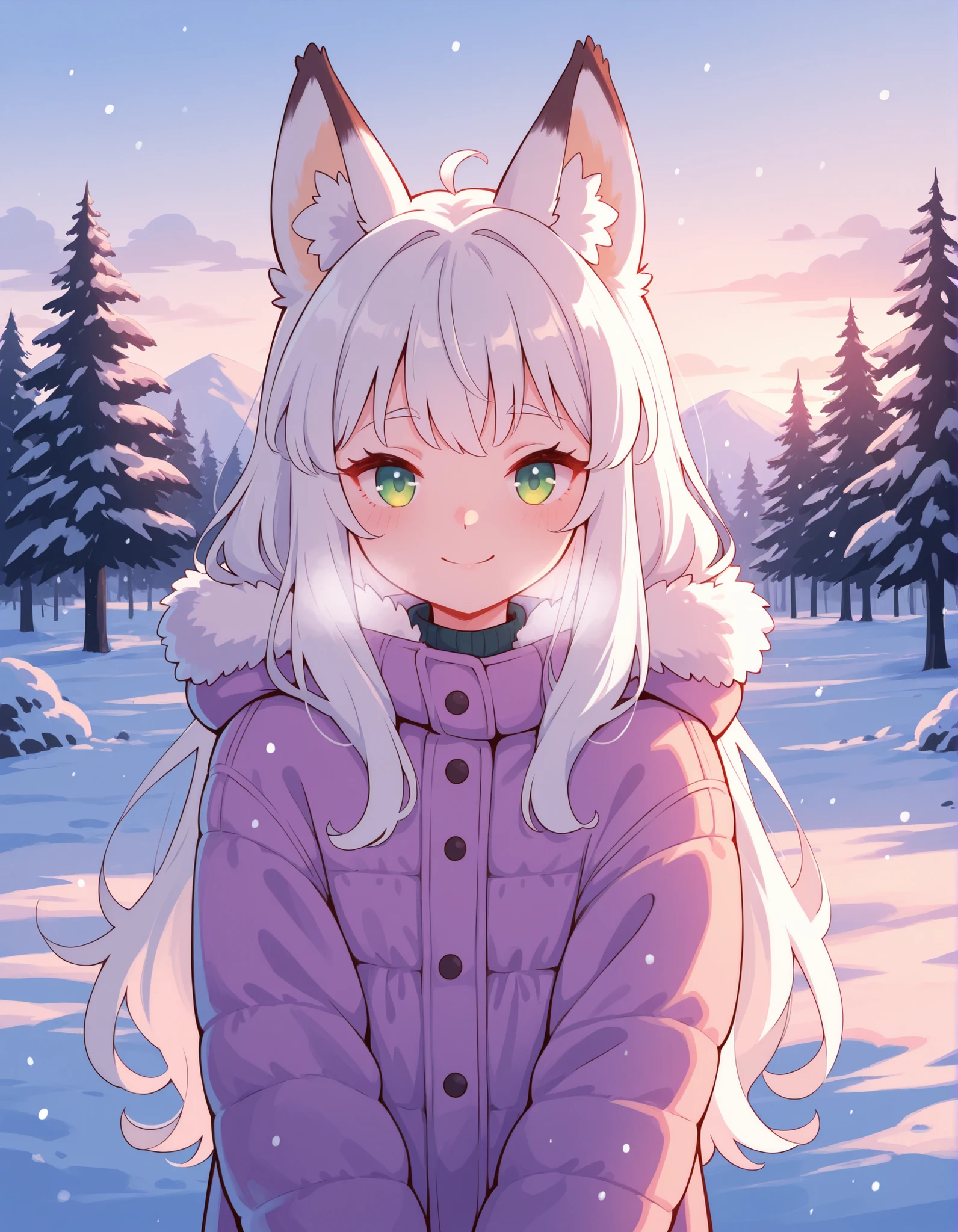 xsofts,, anime, BREAK, young fox girl,skinny and frail,(petite,cute:0.5), green eyes,looking at viewer, long hair,white hair, smile, winter clothes, outdoors,winter,