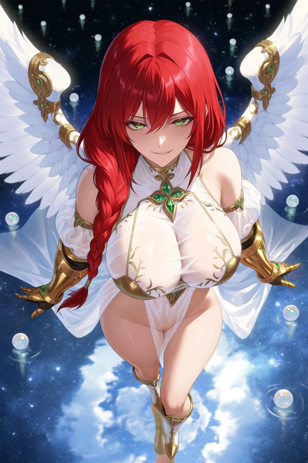 edgElegant, wearing edgElegant,
(ultra 8k cg, picture-perfect face, perfect face, beautiful face, masterpiece, high quality, best quality, flawless, clean, professional artwork, famous artwork), (heart shaped), gyaru, slut, whore, bitch, prostitute, hooker, dark mood, dark persona, Lustful, BREAK yotsuba nakano, bangs, short hair, blue eyes, hair between eyes, hair ribbon, hairband, orange hair, green ribbon, floating hair, glowing eyes, shiny glossy skin, oily skin, gleaming skin, (underboob), navel, midriff, hands on waist, (epaulette:1.2), miniskirt, pleated skirt, (magical girl uniform:1.2), long sleeve, belt, chain, skirt, latex, corruption, (epaulettes:1.2), military cap, grin, smirk, extremely thick lips, extremely long eyelashes, (huge breasts:1.3), wide hips, thich thighs, narrow waist, (chubby, plump), big belly, cameltoe, (from below:1.3), earrings, jewelry, golden, ruined background, night sky, dust