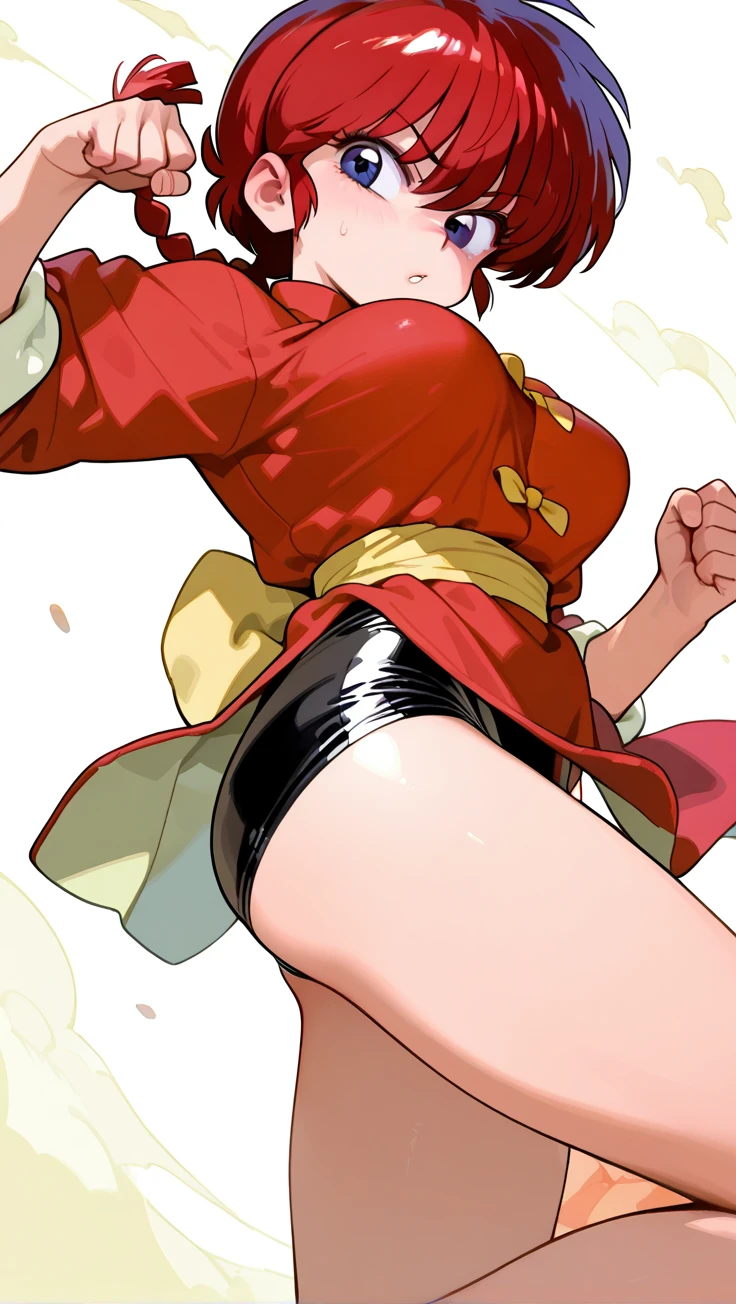 masterpiece, best quality, Ultra-high resolution, Beautiful and fine hair，Delicate face, Perfect female face, Double ponytail hairstyle, Black Hair, (:1.4), Breast sagging, Huge cleavage，Mai Shiranui&#39;Costumes in the King of Fighters game, Hair accessories,(:1.8), Breast sagging, Huge cleavage, Squeeze the accessory breast outward，Chest compressions，Face flushed with shame，transparent，