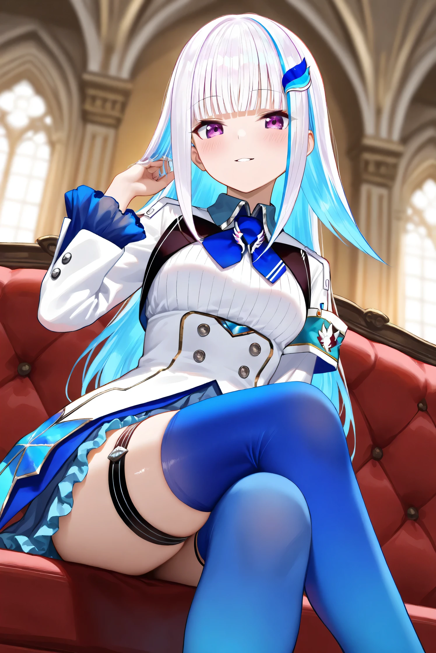 masterpiece, Highest quality, High resolution, 1h1 ..., hair ornaments, Knee socks, Long Hair, Long sleeve, Pleated skirt, blue Knee socks, Armband, Frilled Skirt, White jacket, White shirt, Blue Skirt, Thigh straps, Cowboy Shot, pointing, Outdoor, (masterpiece、Highest quality、High resolution、Ultra-high-definition CG、8k size wallpaper, super detailed skin, detailed, beautiful detailed eyes), BREAK, ass pov, sit astride, girl on top, focus pussy, black hair, drop eyes, student, BREAK, Sex:1.5, pussy juice:1.5, ((smile)), cum pussy:1.9, baby face, BREAK, Shopping mall, pussy in small penis, erectile nipples, Put your hands forward, peeing, Phimosis, Round eyes、Terribly violent sex acts、((Medium chest))、A large amount of bodily fluids splashing、BREAK、small penis, Live-action background、