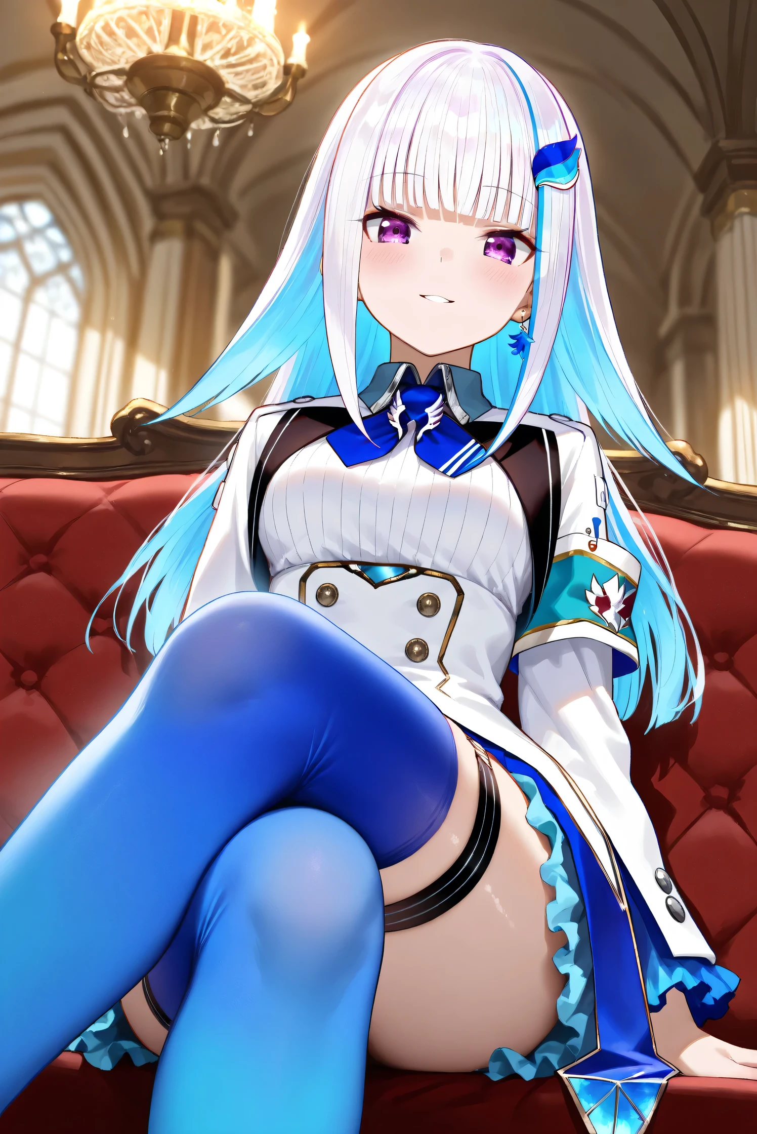 ,(((Liz Hellesta))),gameroomconcept,PC Desk,((Gaming Chair)),Pay,Game Controller,keyboard,((Looking at the smartphone in his hand)),vtuber,Game Now Streaming,((White Delivery Room)),(Liz HellestaHair),((Dressed seriously)),(((Do not expose breasts))),masterpiece, Highest quality, beautiful,(1 female), Liz Hell,cameltoe,(Straight gray straight hair,((bangs)),((Beautiful Japanese girl face)),Thin face,Beautiful female face,Precise depiction,Excellent costume design, charm, (real chest), (8k Full Body RAW Photo), (Highly detailed skin: 1.2), ((Oily skin)),smile, Highly detailed face, ((Grey Hair)),fine grain, ((Sweaty body)), (((Oily skin))),Inside the room,1 Girl,Open your mouth,(((Open your eyes))),(((View your viewers))),(((Open your eyes))),(((Open your eyes))),(((Wide pelvis))),(((Very muscular and thick thighs Veins,))),Thigh gap,Shiny thighs.(((Narrow waist))),(Realistic:1.0),Front view,1girl,lh1, (((White panties))),cameltoe,Hair Ornament Net、Long Hair、Long sleeve、Pleated skirt、((Blue thigh-high socks in silk fabric))、((手链))、Blue pleated mini skirt、((White jacket, cotton material))、(tight white shirt)、Blue Skirt、(Metallic black thigh straps),(((Front view))),Focused on PC gaming,((Open your mouth)),Showing teeth,Constricted eyes,