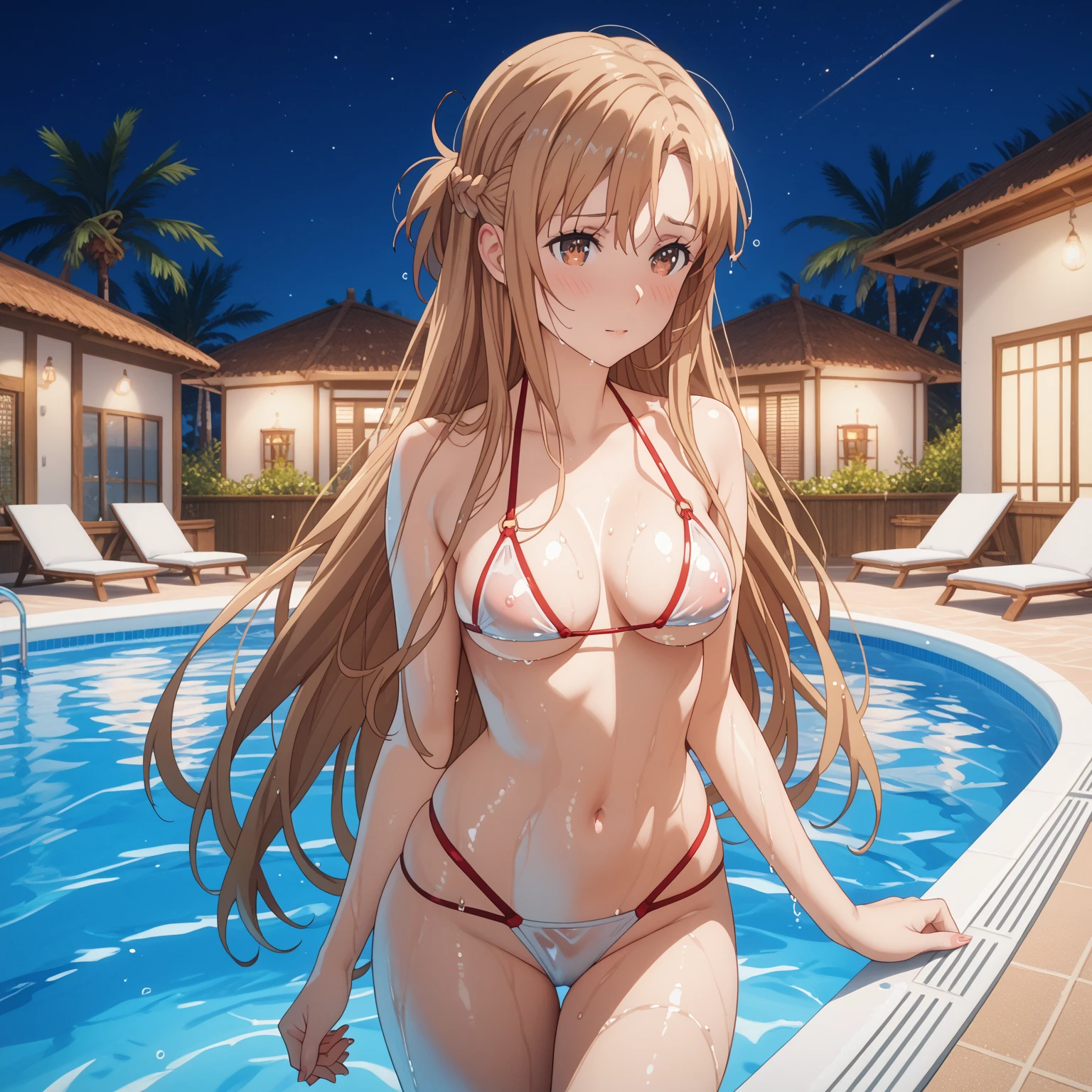 epic realistic, <lora:asunaYuukiSwordArt_v10:0.45>, Asuna Yuuki, light brown hair autumn coat, (sitting on a bench:1.1), park, summer, best quality, natural, perfect, raw, intricate, high quality, exposure blend, (natural skin texture, soft light, sharp:1.2), hyperdetailed, (artstation:1), warm lights, dramatic light, (intricate details:1.2), vignette, complex background, medium breasts, long hair,  (half submerged on water),  (1girl), white lace legwear, white panties,  (white lace-trimmed dress), white bra