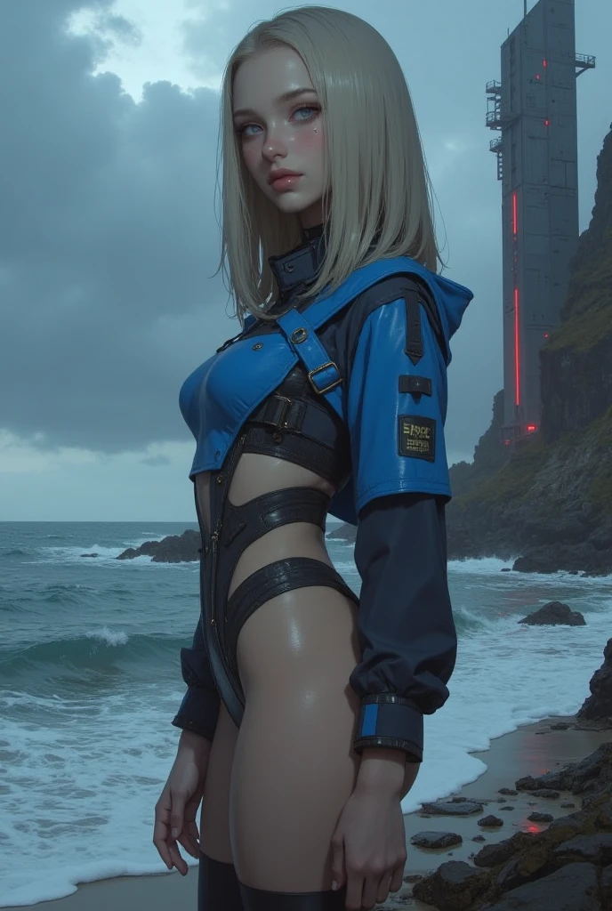 Ukrainian girl bathing at a waterfall , Background is the deck of an aircraft carrier and a fighter,Ukrainian anime girls , , Ukraine , Full body composition of young girl with messy bright blonde hair, eye make up, 13 year old, Soft lighting, Solo, Old torn dirty shabby futuristic military uniform, badges, Pose,Don't look at the camera, Blotch color, Octane Render, Hyperrealistic intricate detail, Cinematic, 8K resolution, 70mm, Accent Lighting, Global Illumination, Full body portrait, clean detailed faces, intricate clothing, Cute face, flat chest, Slim waist, Slim legs, small hips,Wear a futuristic swimsuit,