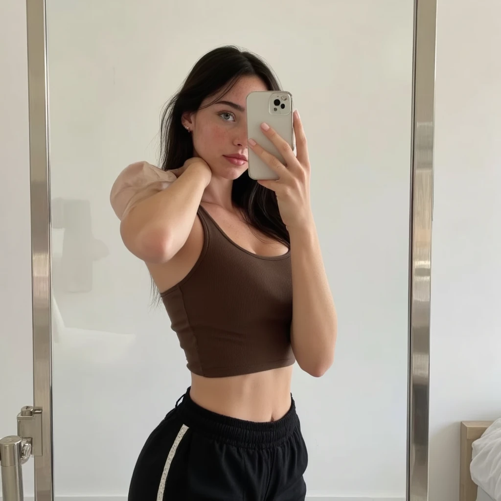 a selfie of a pretty young woman, Thermal Underwear outfit. yacht background