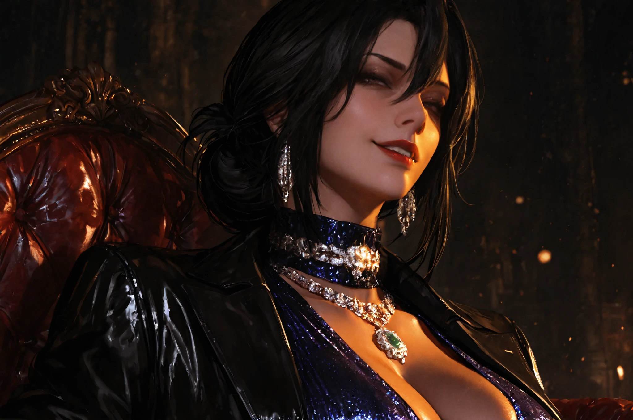 A woman with a seductive gaze, eyes sparkling with mischief, skin glistening with oil, wearing a revealing outfit, body perfectly sculpted, dynamic, dramatic lighting, beautiful detailed eyes, beautiful detailed lips, extremely detailed eyes and face, long eyelashes, (best quality, 4k, 8k, highres, masterpiece:1.2), ultra-detailed, (realistic, photorealistic, photo-realistic:1.37), dramatic lighting, professional, vivid colors, sharp focus