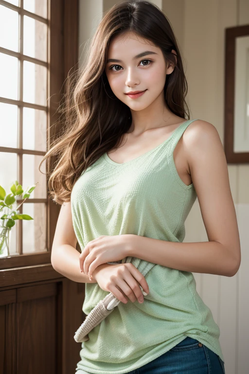  long straight black hair, greenish blue eyes, small mouth, small-nose, attractive and contagious smile, Sweet and shy, tank top