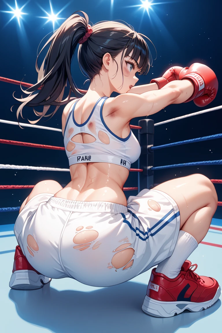 An anime girl laying down in boxing ring, her eyes rolled up and heavily breathing 