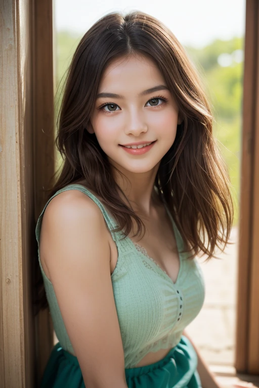 top-quality, 8K-Picture, Japanese lady in Perfect Style, small breasts, very thin waist, Slim abs, (:1.4), cute eyes, Double eyelids, long wavy hair, Very delicately drawn face, tight knit dress, (photogravure idols:1.4), Subtle smile or shyness,