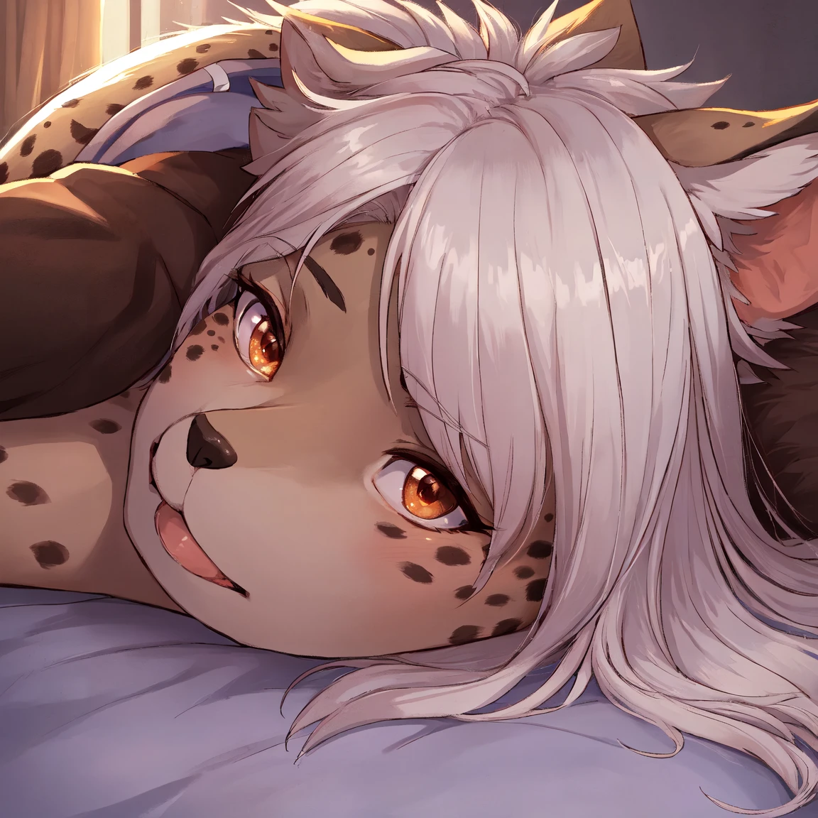 score_9,score_8_up,score_7_up, source_furry, a tall female spotted hyena, brown snout, black nose, brown eyes, athletic body, short spiked undercut platinum blonde hair, black lips, hyena tail, brown hyena ears, lying on a bed, ahegao, portrait, clenched canine teeth, sharp canine teeth, front view, top down, (face focus), (ass outside of view), ass outside of frame, raised ass, long hair, close up, grabbing sheets, face closeup,