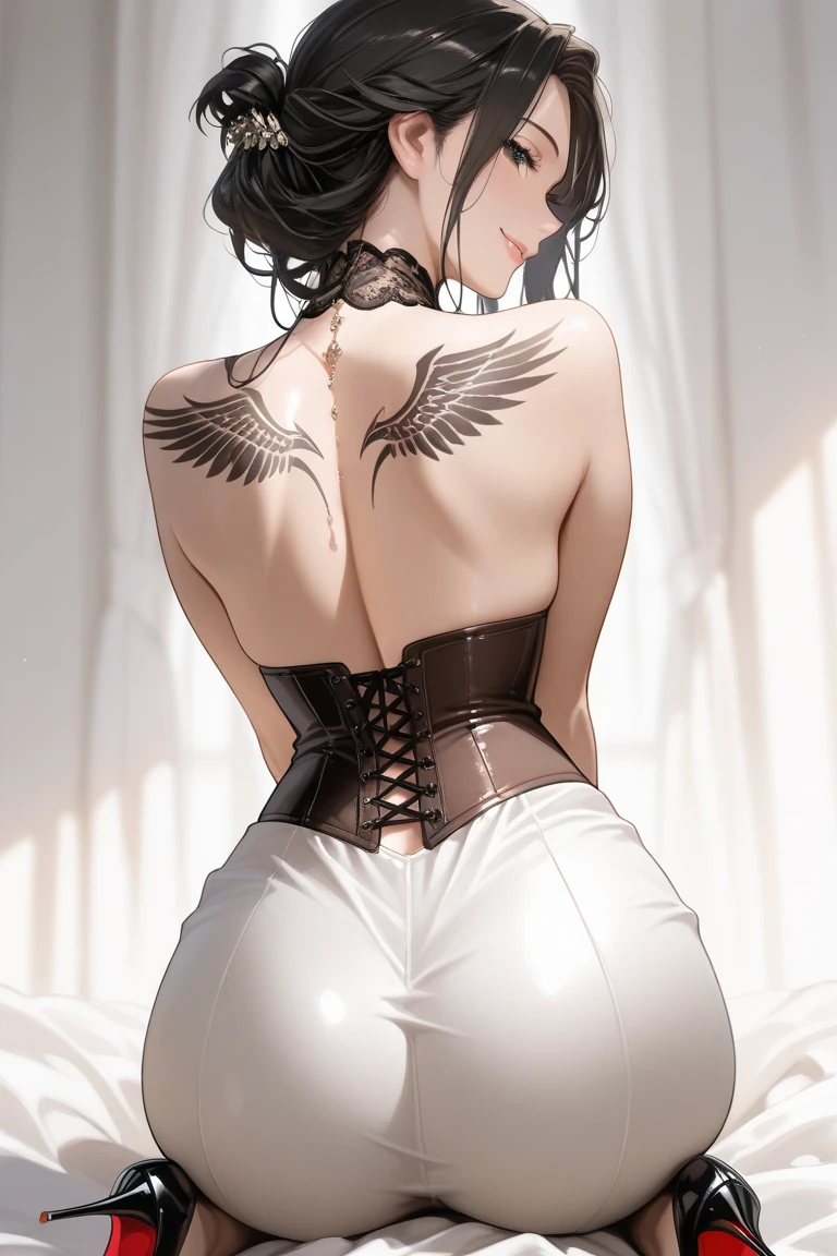 A voluptuous, unseen woman is presented from behind, her ample derriere and bust highlighted by the silhouette of her form. A stunning, grand phoenix is ink-etched on her back, between her shoulder blades, its wingspan majestic yet contained. The enchanting tattoo does not reveal her face, leaving one in wonder of her identity. She dons a flowing pleated skirt, its movement suggested but not fully revealed, adding a touch of mystery to the scene.