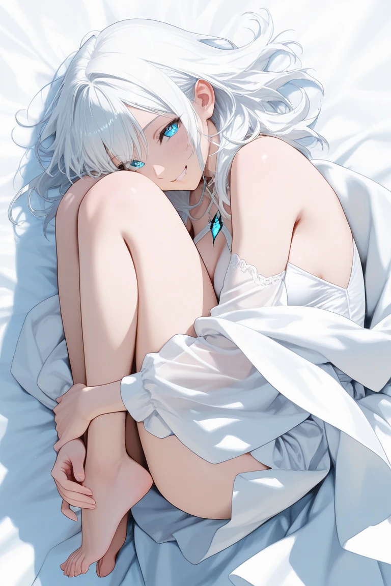 Girl, laying on her side, hugging pillow, white hair, blue eyes, see through white shirt, smooth skin, blue panties