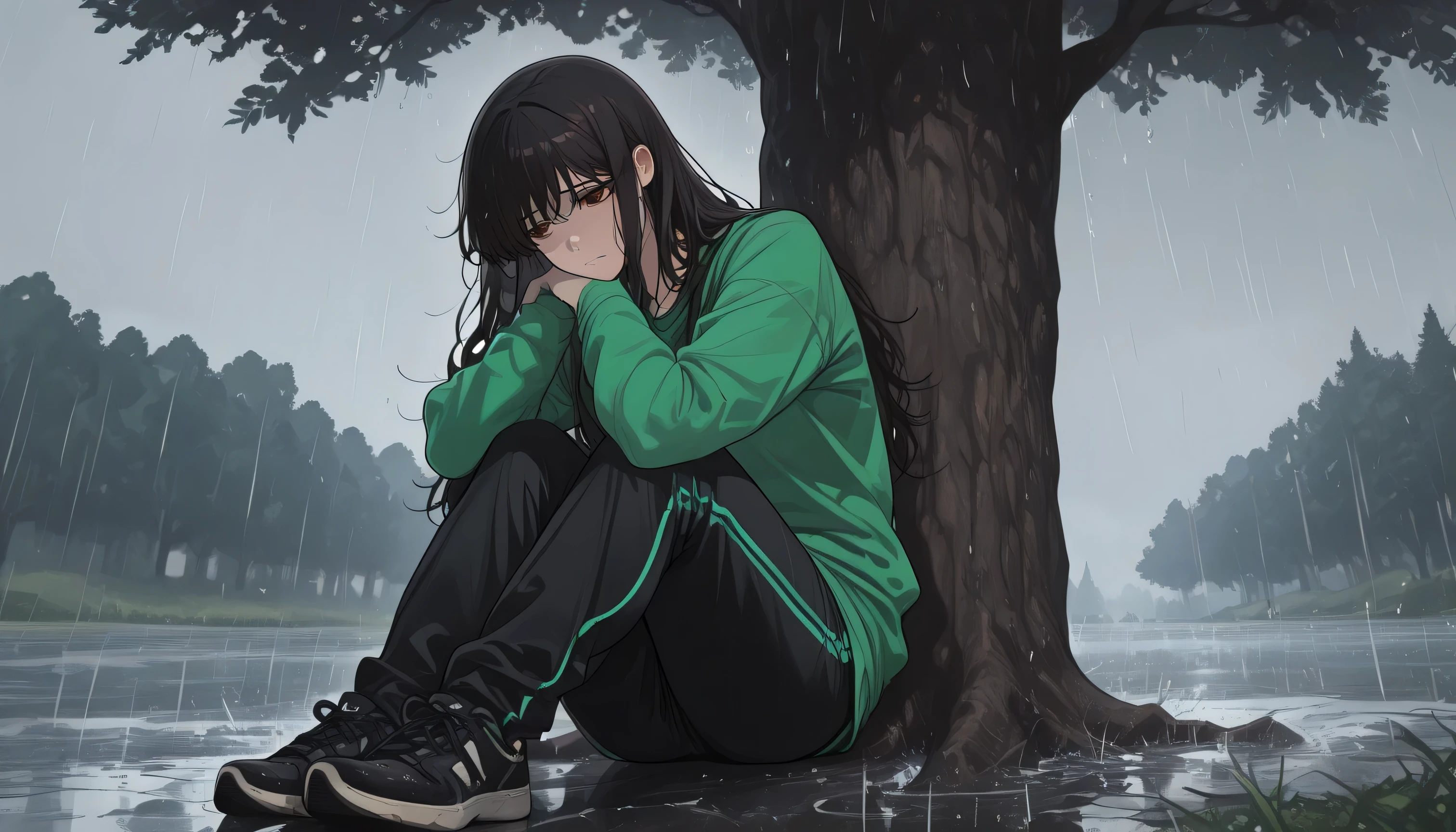 ((High quality)) ((Only)) ((Super detailed)) ((Darkness)) ((Shading)) ((Masterpiece)) a beautiful girl with dark hair and brown eyes, long hair, sad expression, dressed in a green sweatshirt and long black jogging pants, black sneakers. leaning against a tree, sitting beautiful landscape, raining, cold and bluish colors.