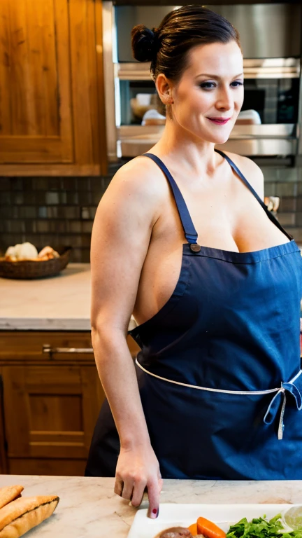 Reminiscent of Evan Rachel Wood, chef mommy, a sixty-year-old woman, full figured, with a tall and hefty build, large breasts, a black bun for hair, the ideal amount of chubbiness, and squinting, wearing a short naked cooking apron, she is a master of quality, naughty chef, Working in the kitchen, wearing a naked apron, full body portrait, and the scene is incredibly detailed, busy in cooking, aesthetic, 